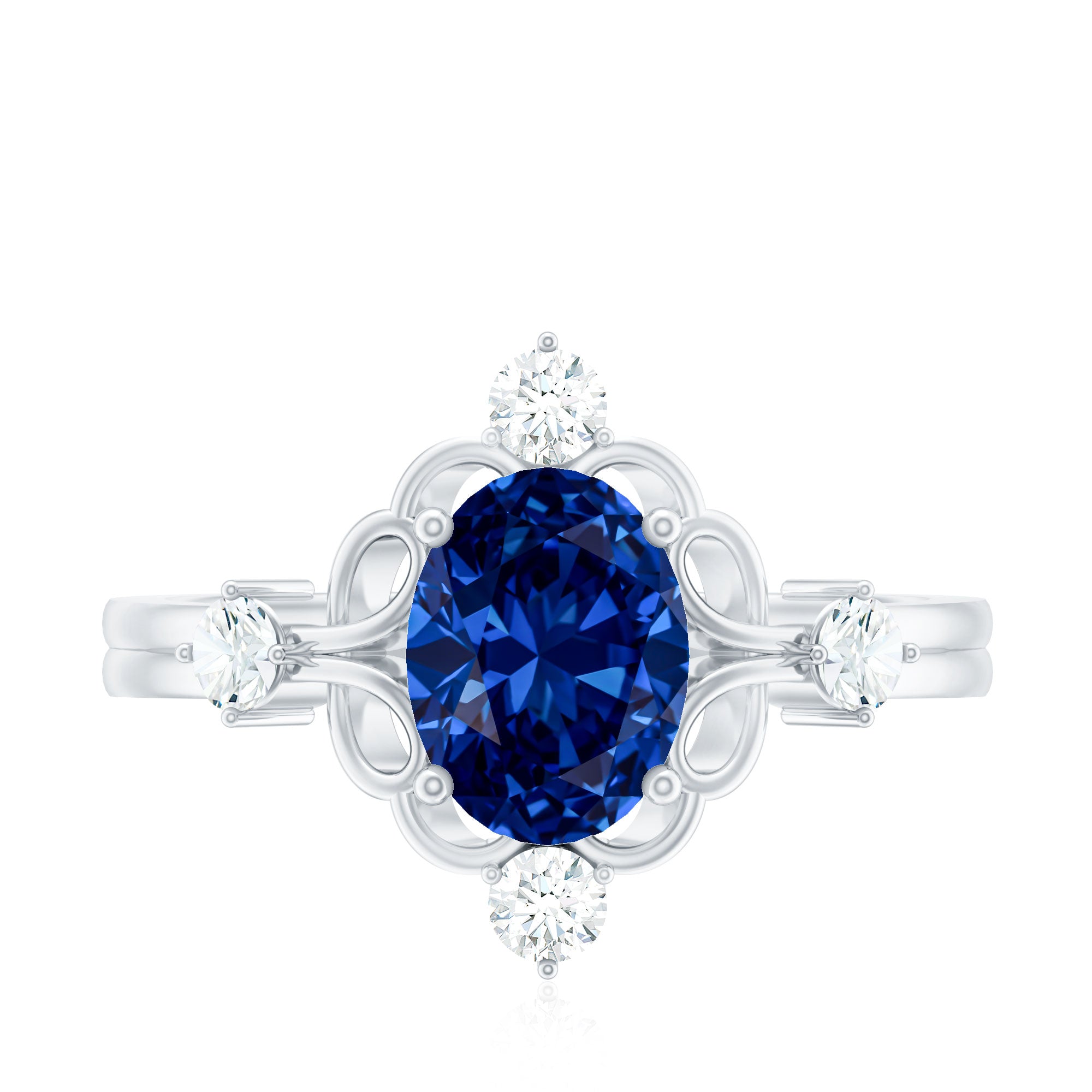 1.5 Carat Oval Cut Lab Grown Blue Sapphire Vintage Engagement Ring with Diamond AAAA - Rosec Jewels