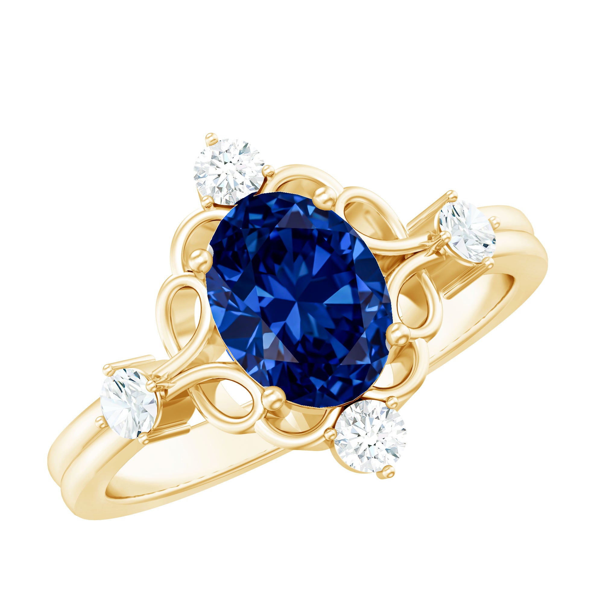1.5 Carat Oval Cut Lab Grown Blue Sapphire Vintage Engagement Ring with Diamond AAAA - Rosec Jewels