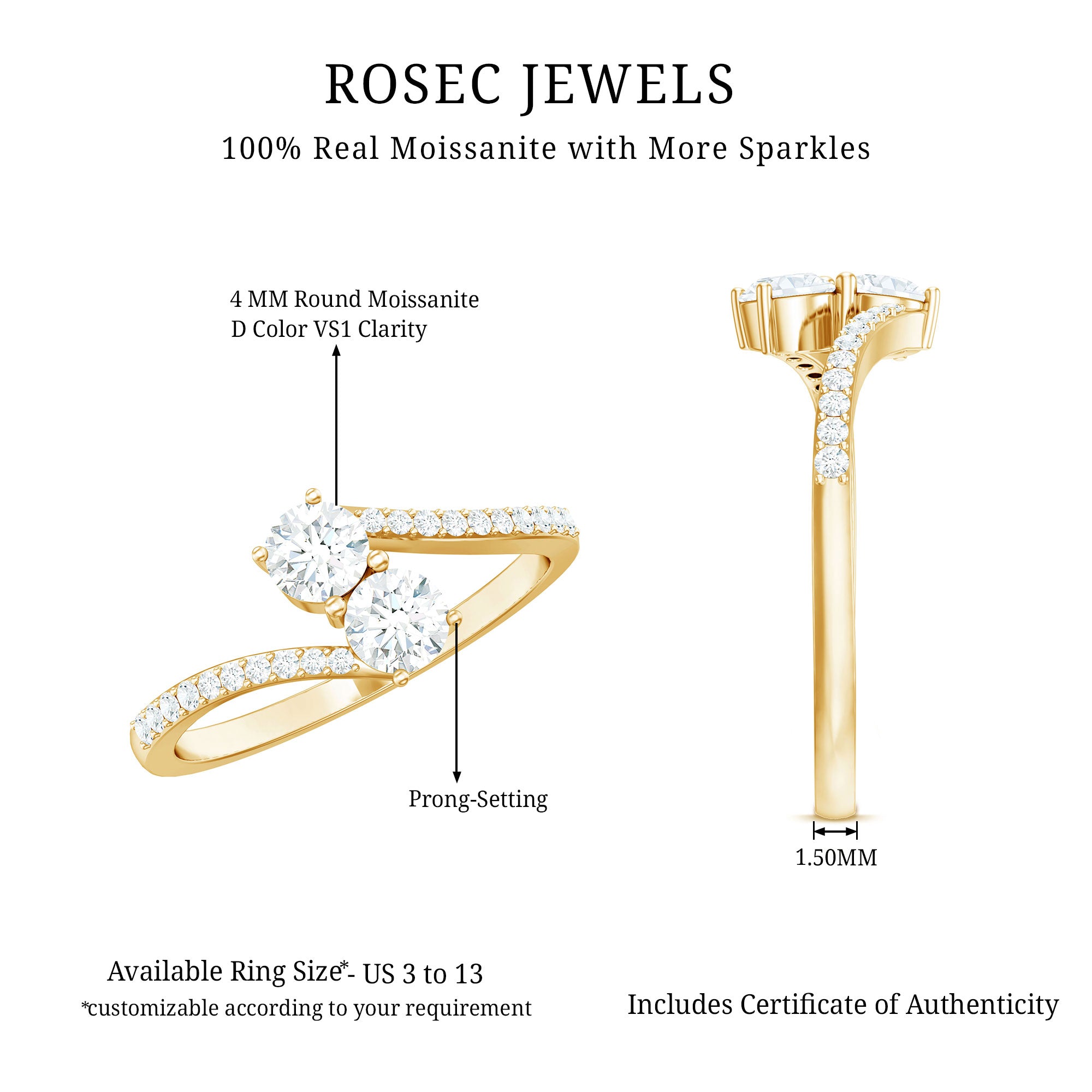 Certified Moissanite 2 Stone Promise Ring in Bypass Shank D-VS1 - Rosec Jewels