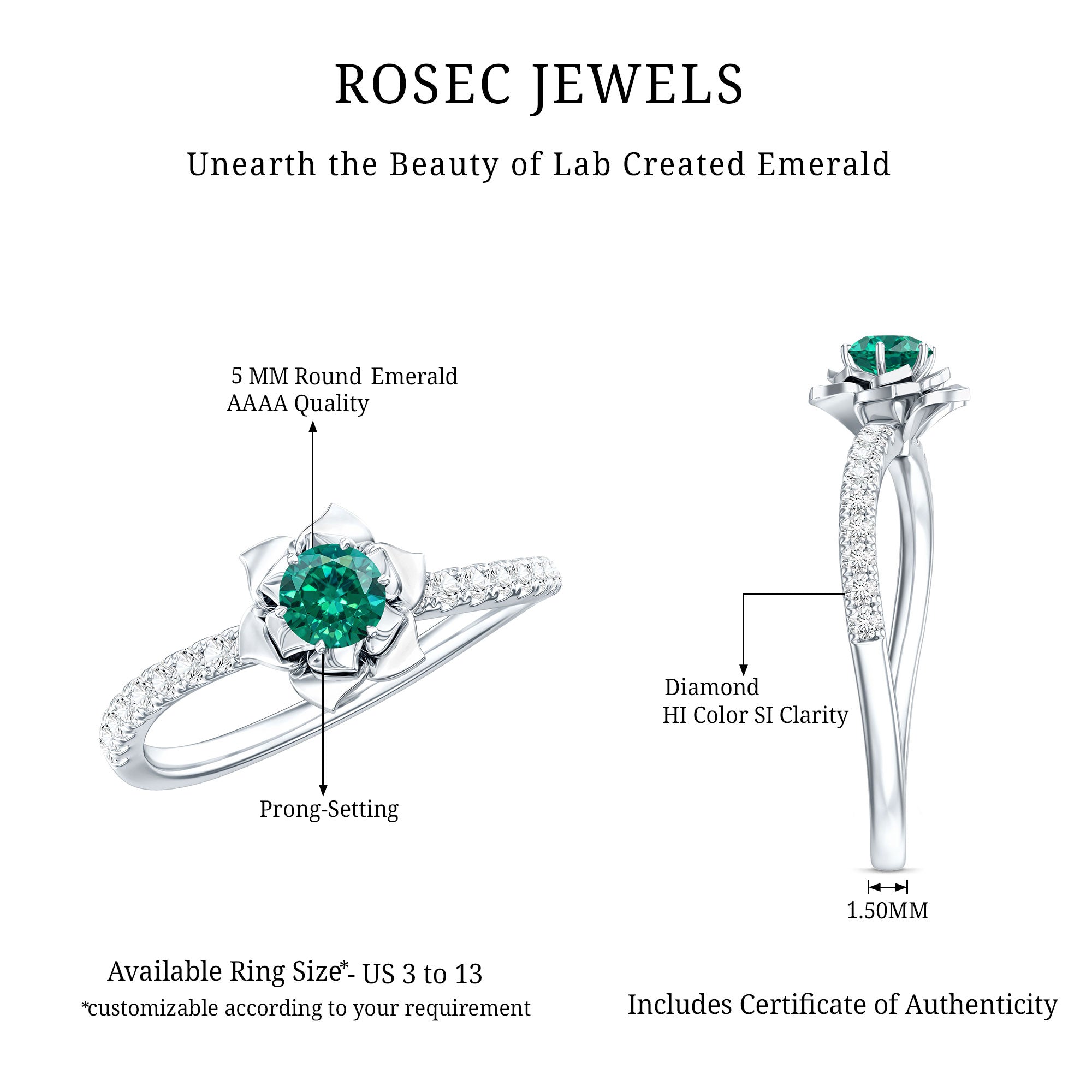 Certified Lab Grown Emerald Diamond Flower Engagement Ring AAAA - Rosec Jewels