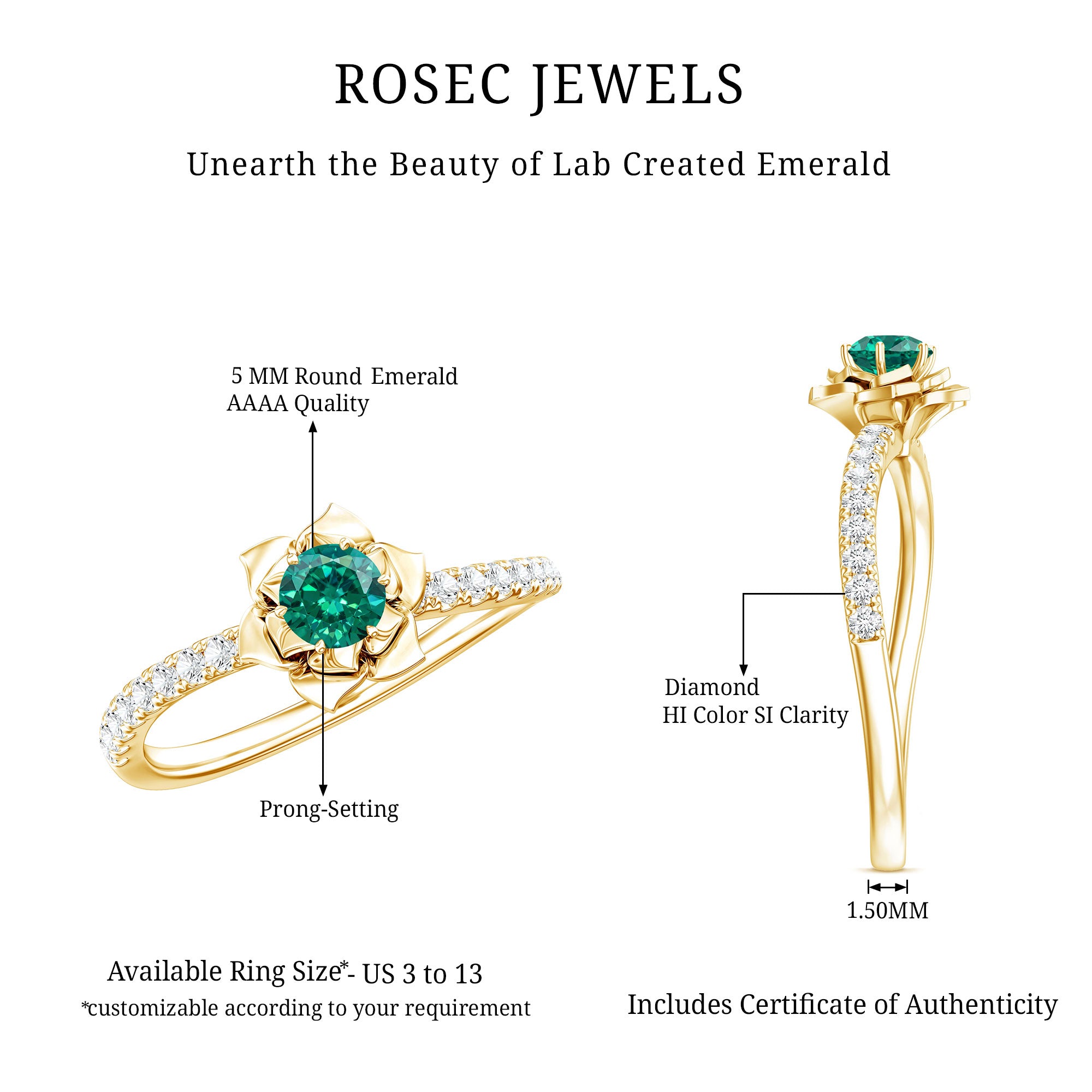 Certified Lab Grown Emerald Diamond Flower Engagement Ring AAAA - Rosec Jewels