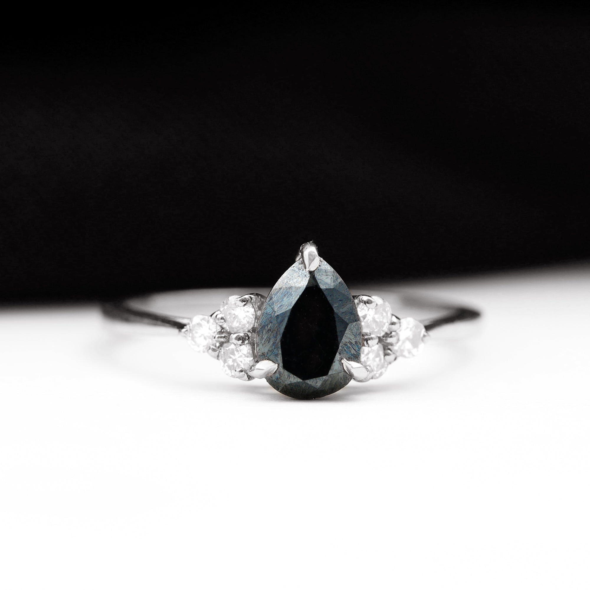 1 CT Pear Shaped Created Black Diamond Solitaire Ring with Diamond AAAA ( Synthetic ) - Rosec Jewels