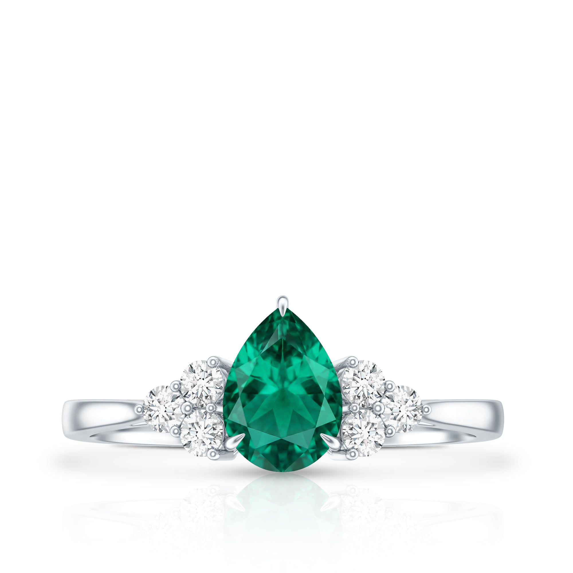 Certified Lab Grown Emerald Pear Shaped Engagement Ring with Diamond Trio AAAA - Rosec Jewels