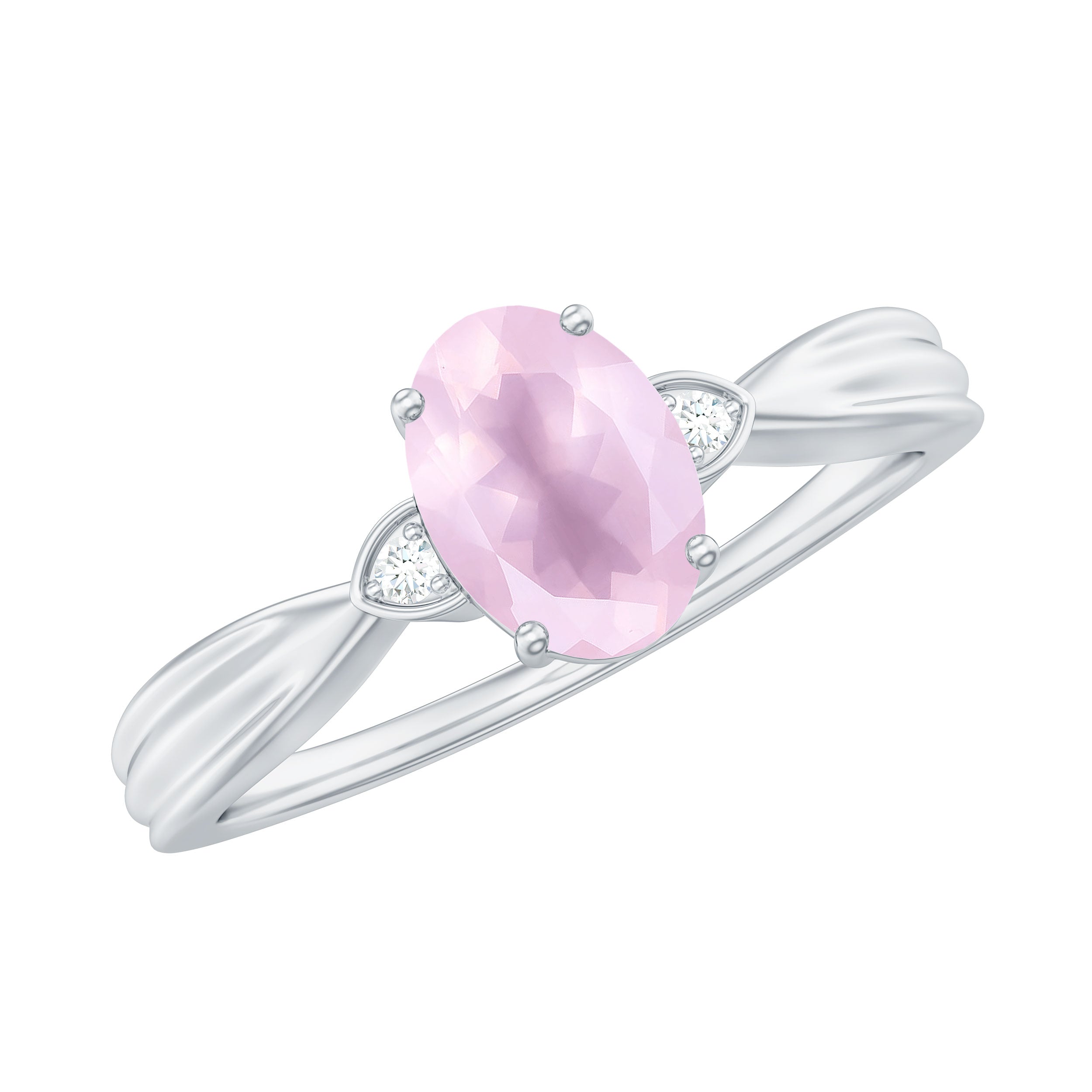 Oval Cut Real Rose Quartz Solitaire Engagement Ring with Diamond