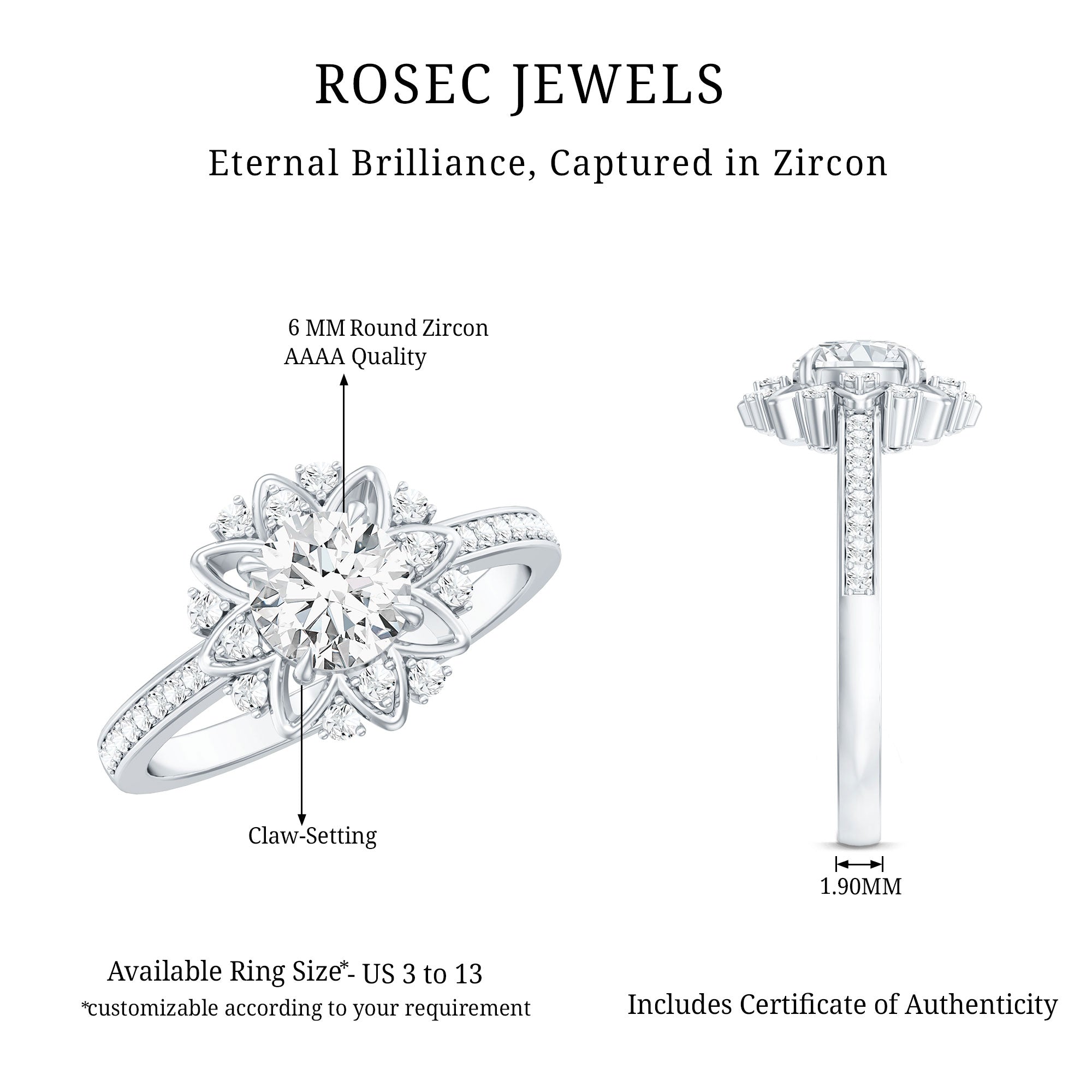 1.5 CT Round Certified Zircon Flower Engagement Ring AAAA - Rosec Jewels