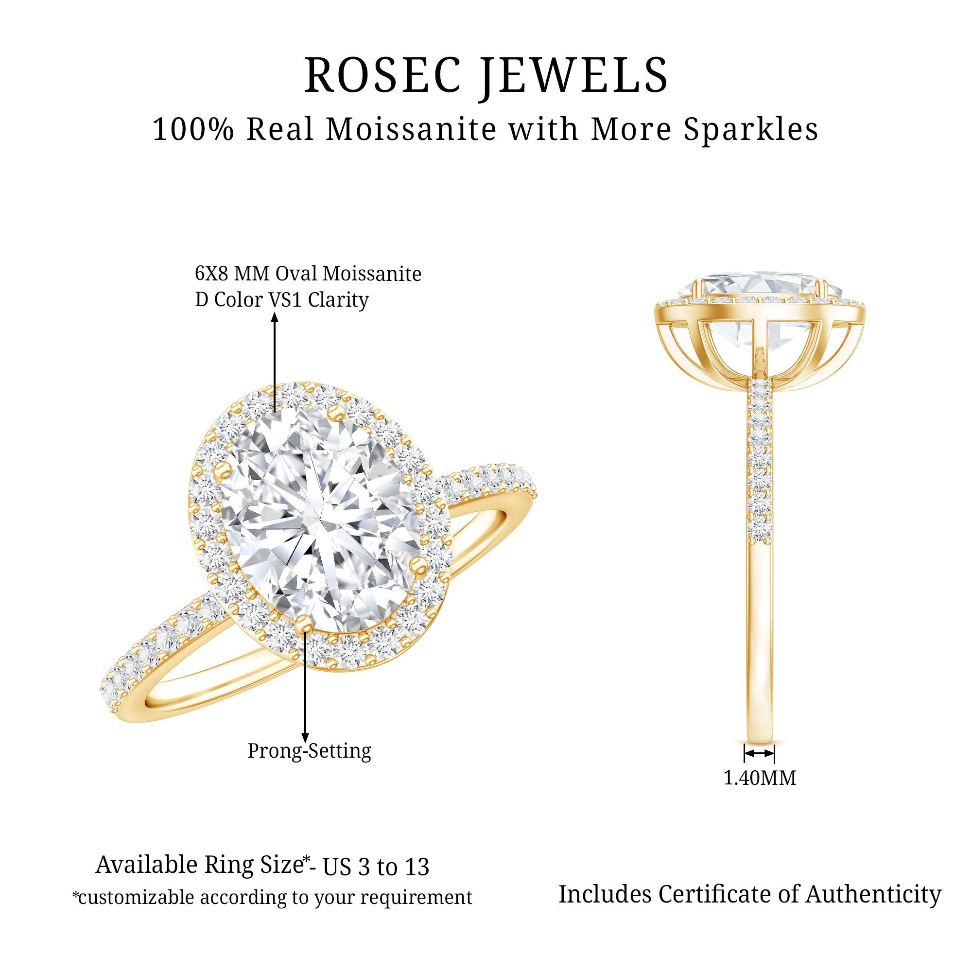 Oval Brilliant Cut Moissanite Classic Engagement Ring D-VS1 - Rosec Jewels