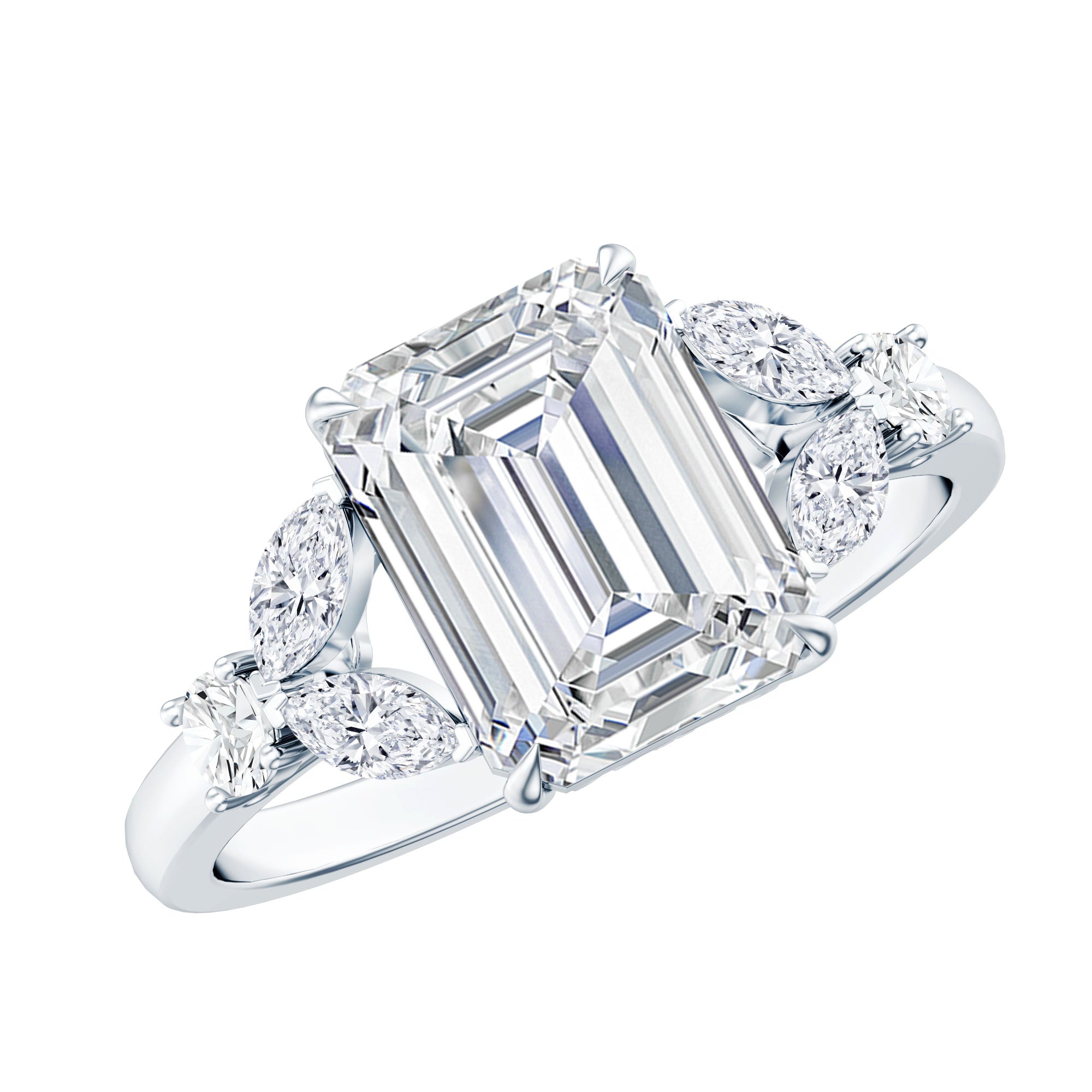 Claw Set Emerald Cut Moissanite Designer Engagement Ring
