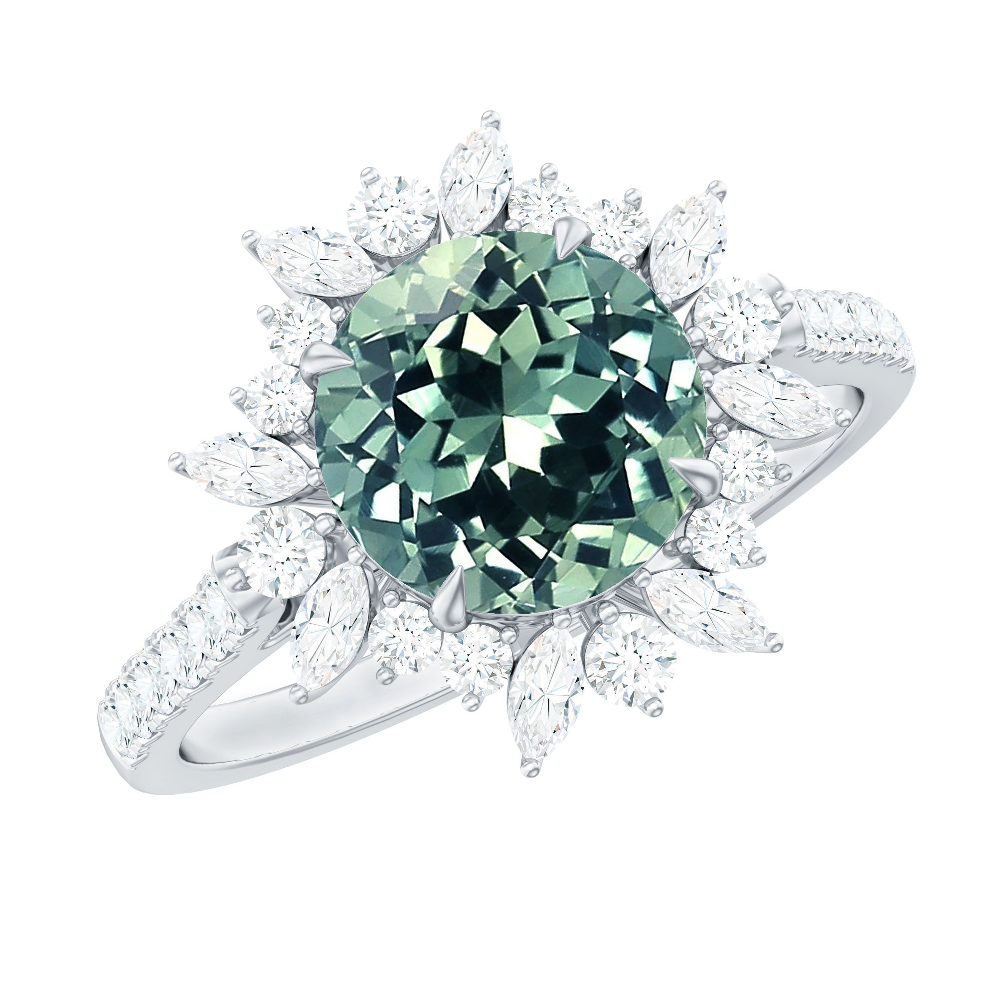 2.25 Carat Lab Grown Green Sapphire Statement Engagement Ring with Moissanite