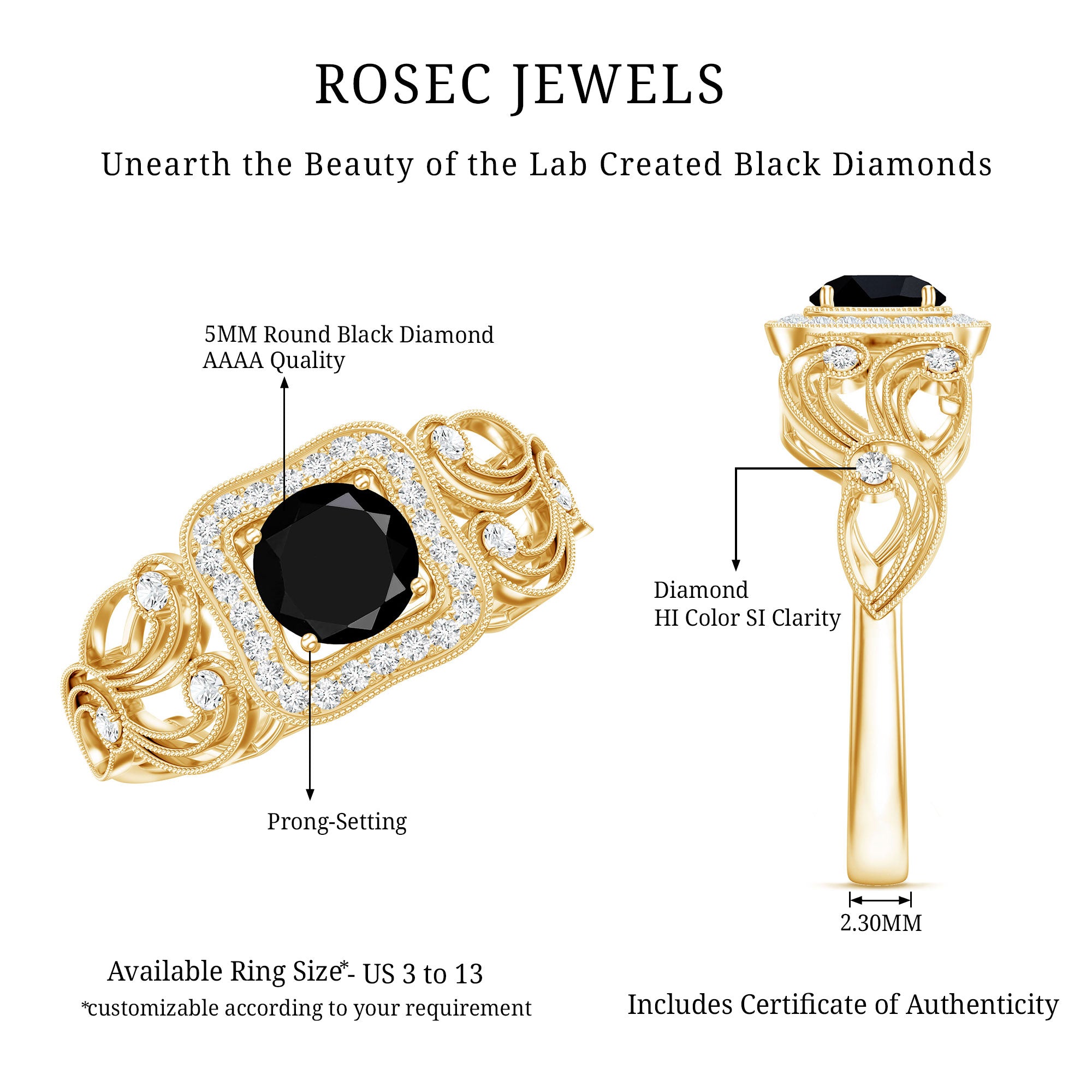 Vintage Style 0.84 Carat Lab Grown Black Diamond Engagement Ring with White Diamond AAAA ( Synthetic ) - Rosec Jewels