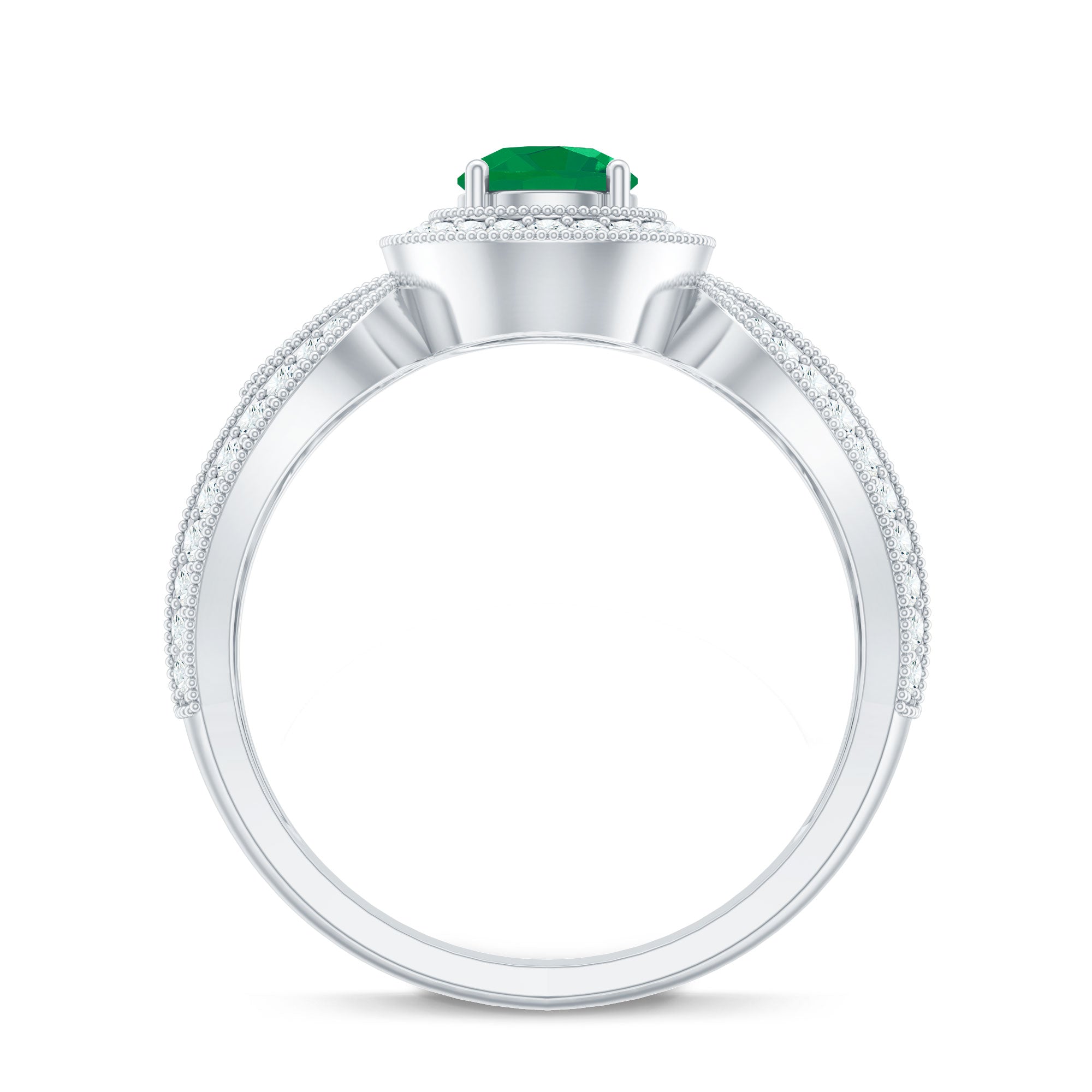 Real Emerald Diamond Vintage Looking Engagement Ring with Split Shank AAA - Rosec Jewels