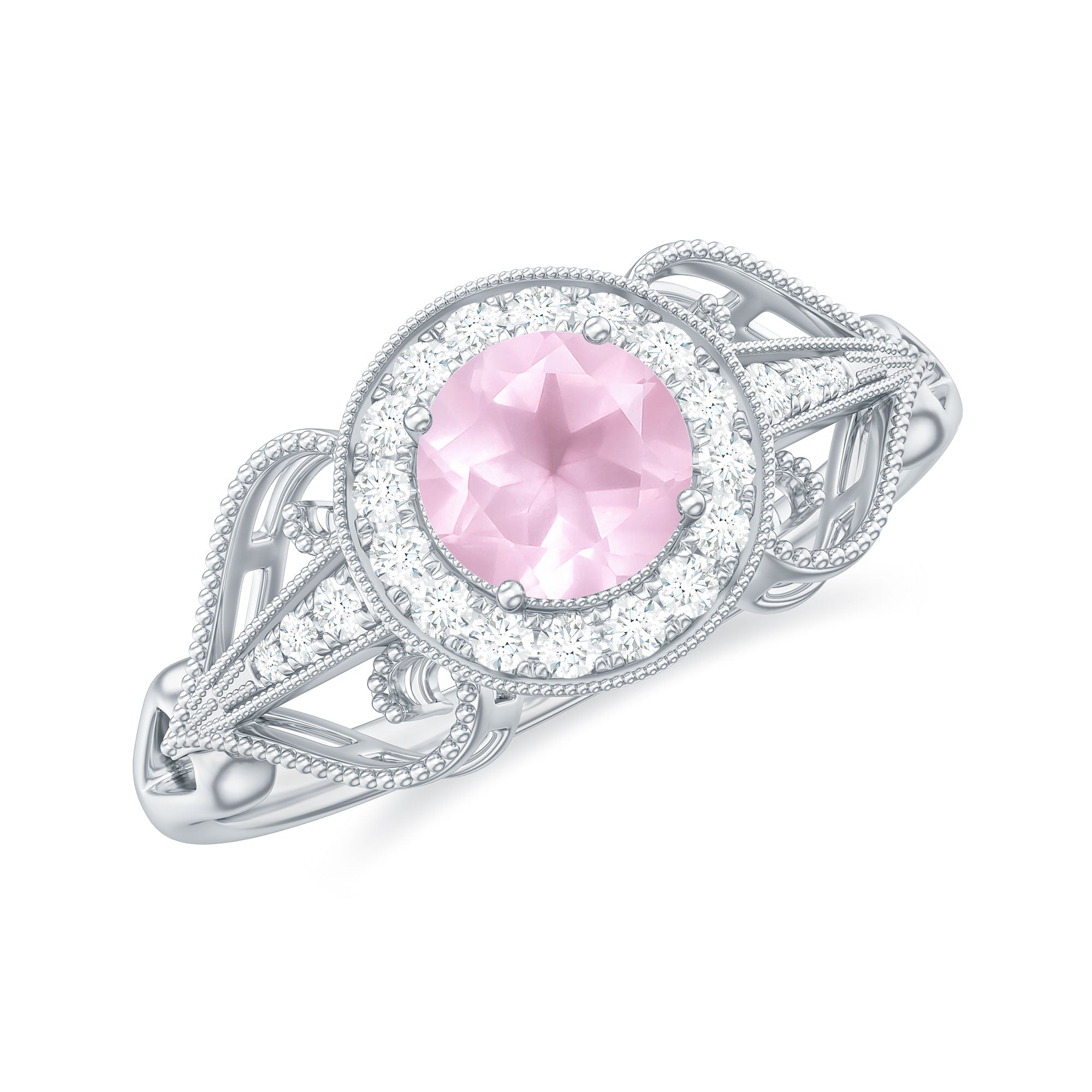 Vintage Rose Quartz Diamond Engagement Ring with Beaded Detail