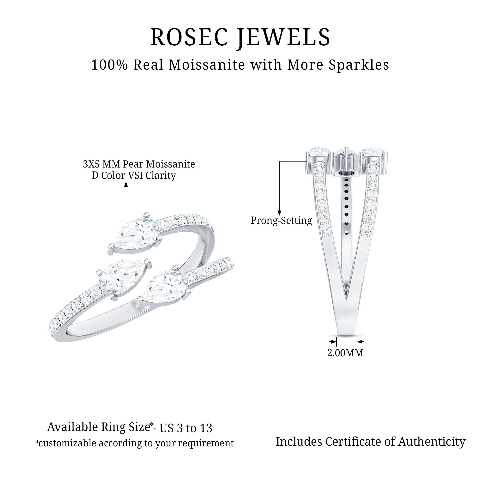 East West Style Moissanite 3 Stone Wrap Ring D-VS1 - Rosec Jewels