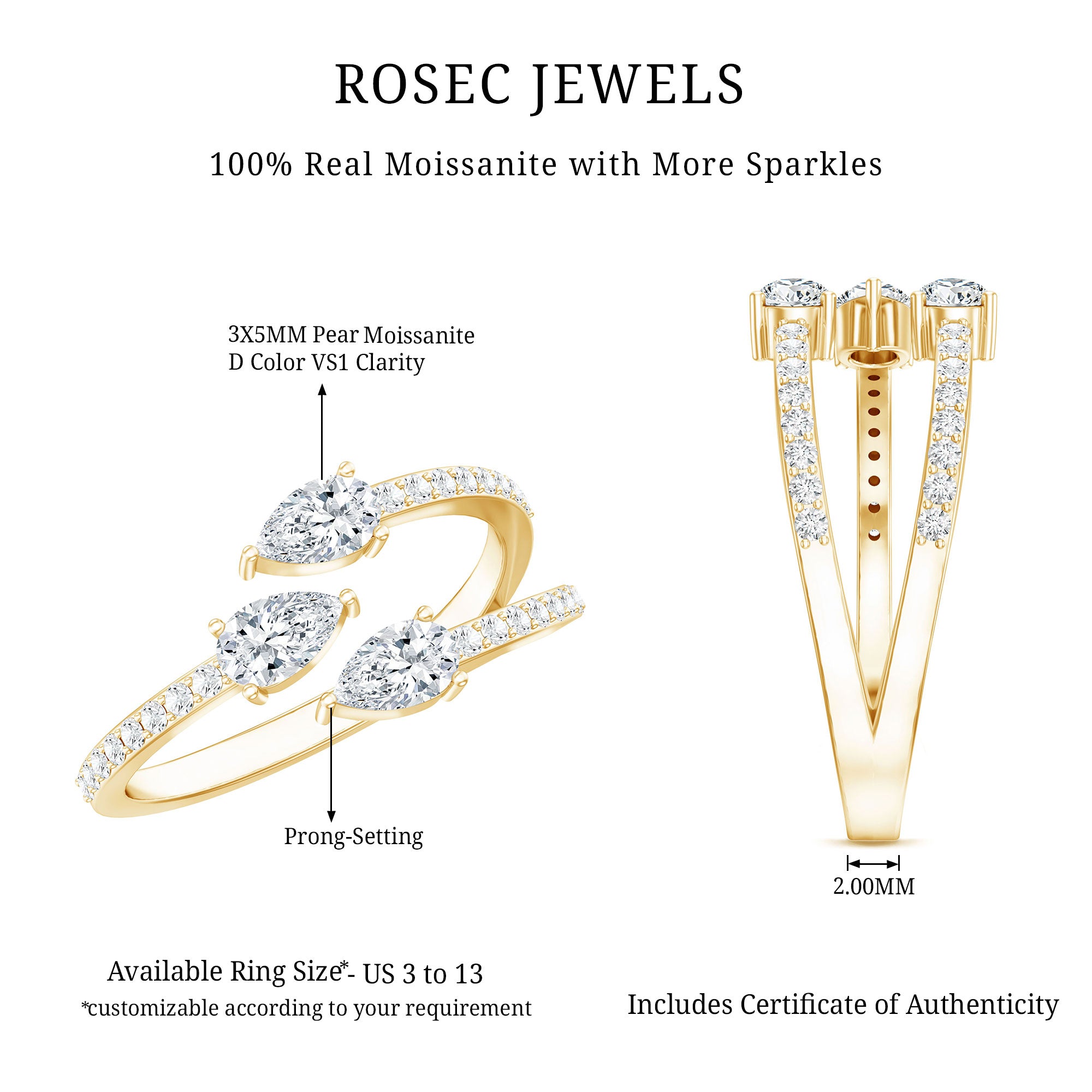 East West Style Moissanite 3 Stone Wrap Ring D-VS1 - Rosec Jewels