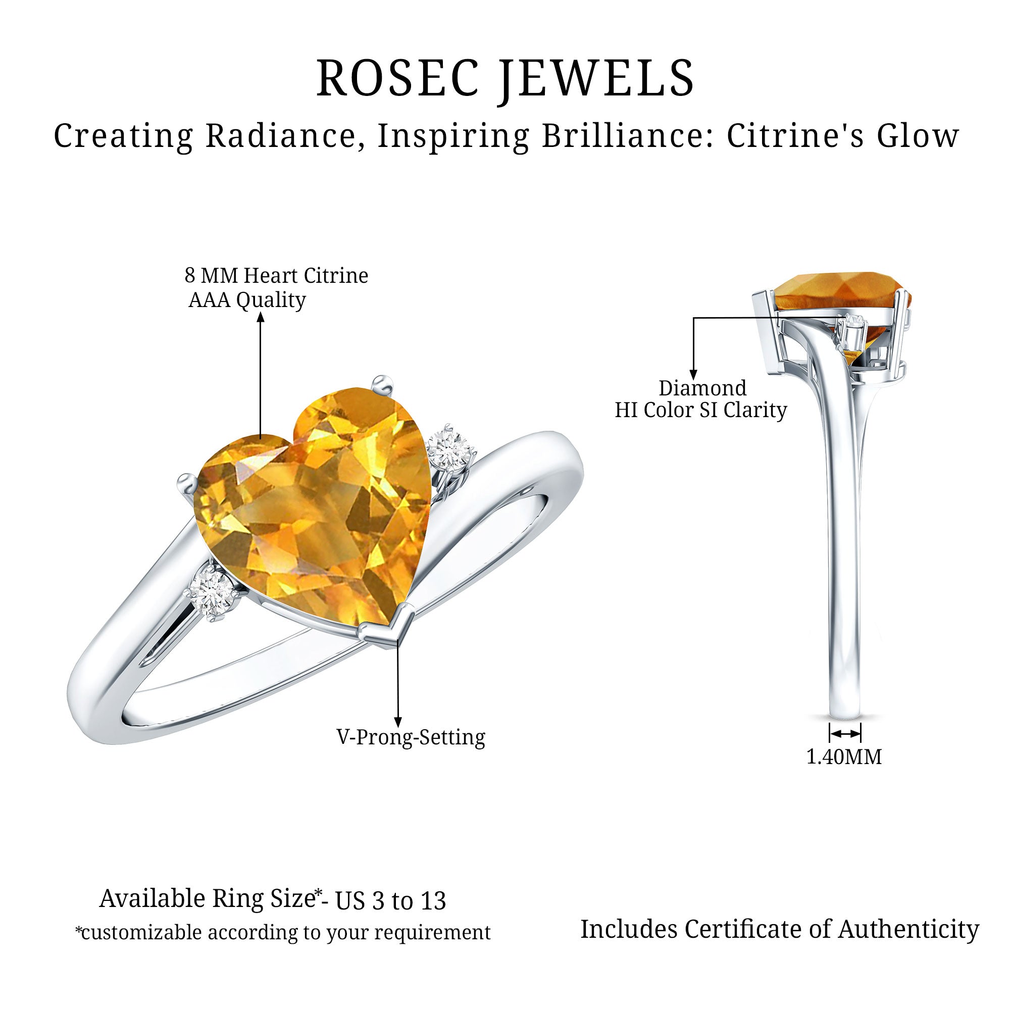 Natural 8mm Citrine Heart Engagement Ring with Diamond AAA - Rosec Jewels