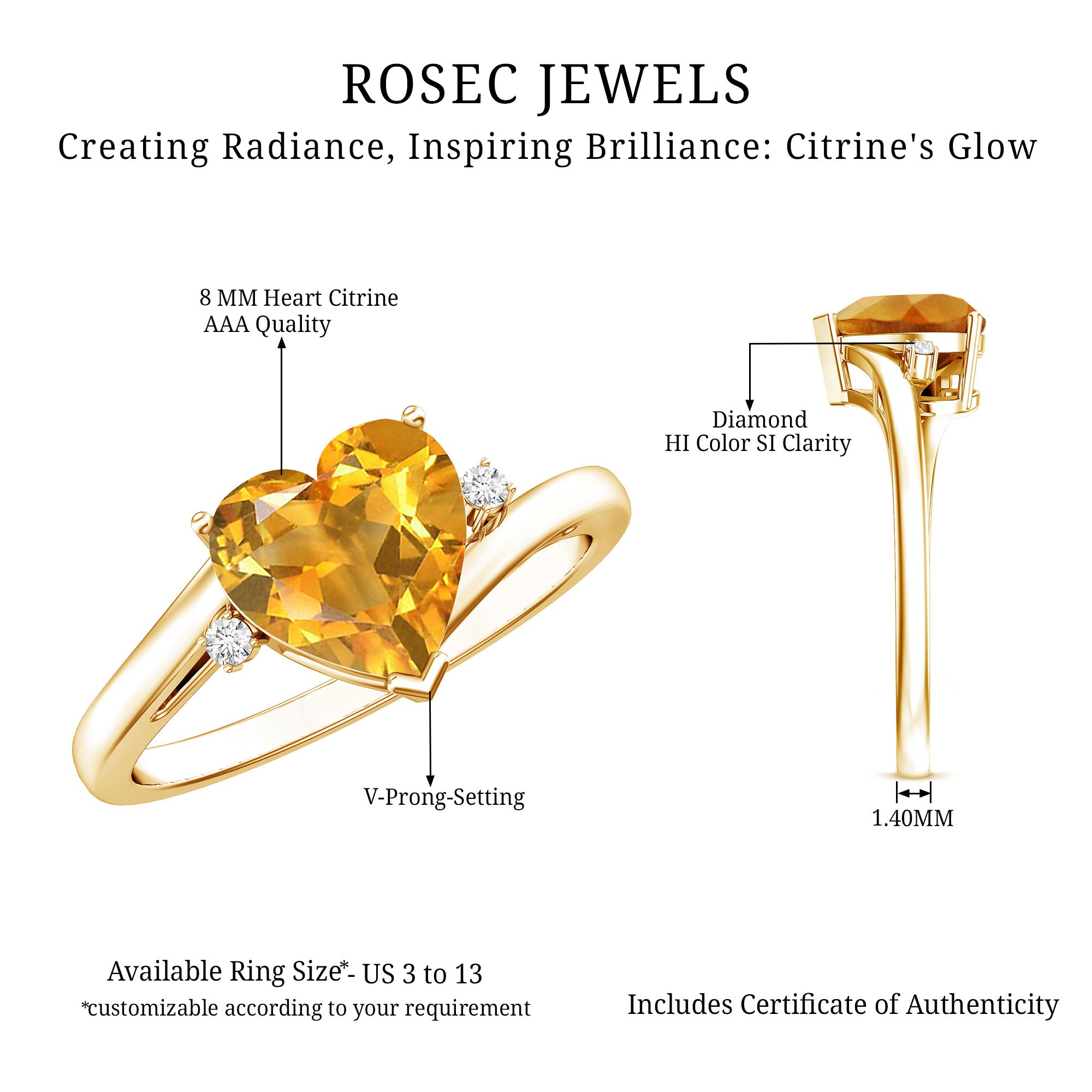 Natural 8mm Citrine Heart Engagement Ring with Diamond AAA - Rosec Jewels
