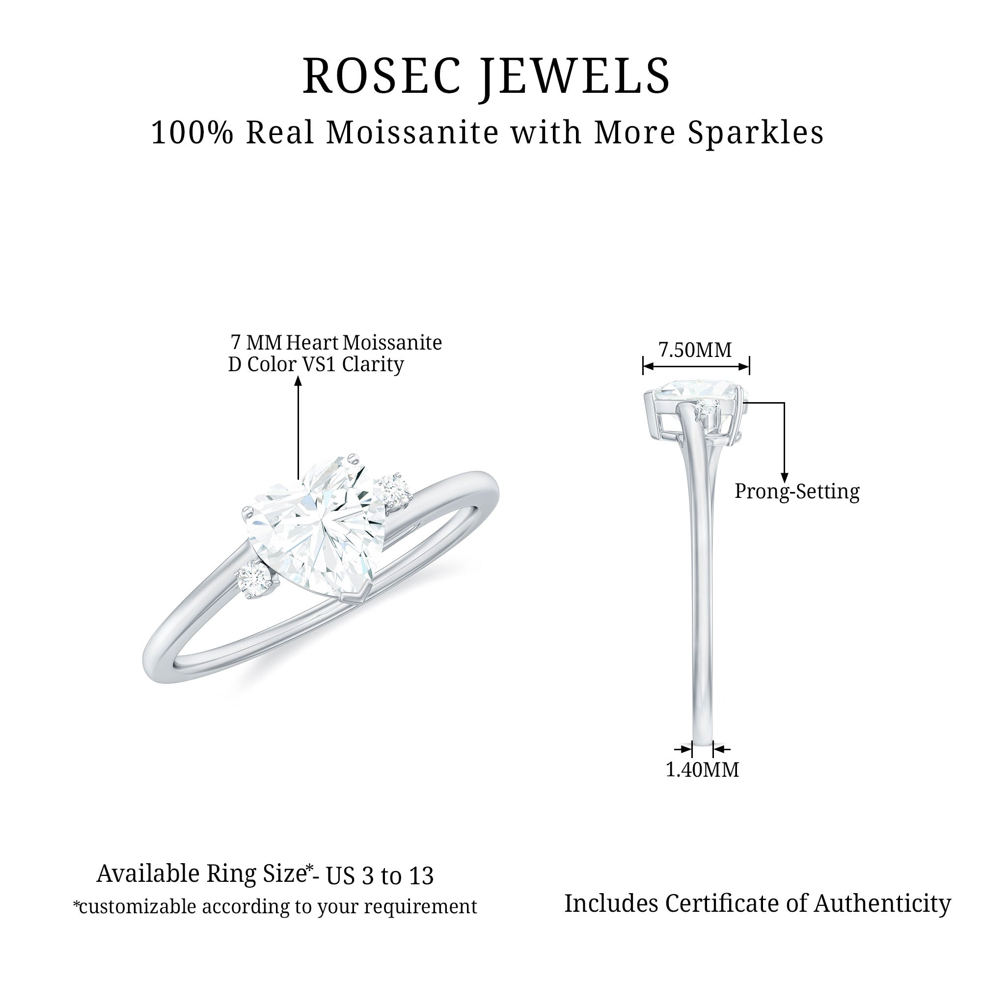 1 CT Solitaire Moissanite Heart Promise Ring D-VS1 - Rosec Jewels