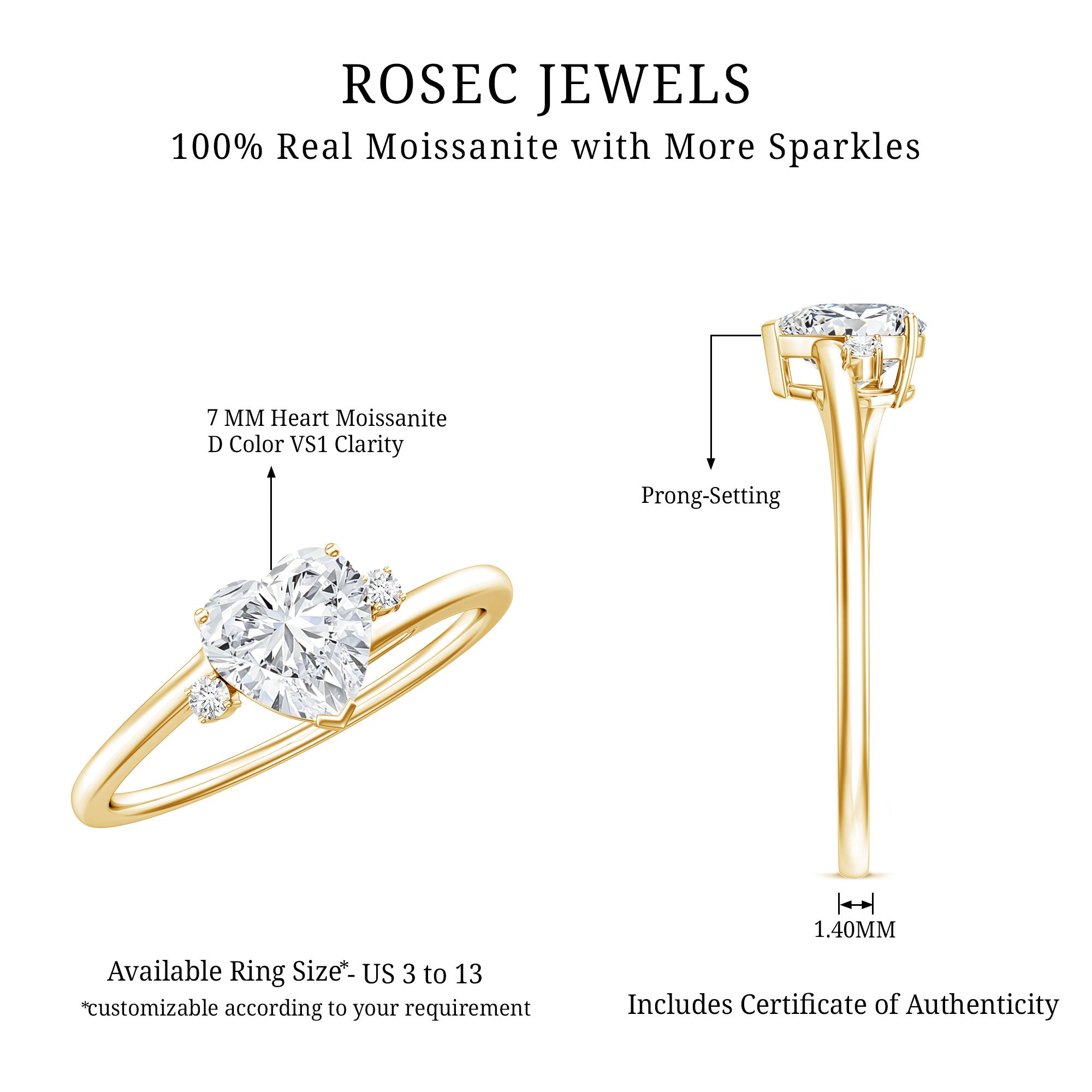 1 CT Solitaire Moissanite Heart Promise Ring D-VS1 - Rosec Jewels