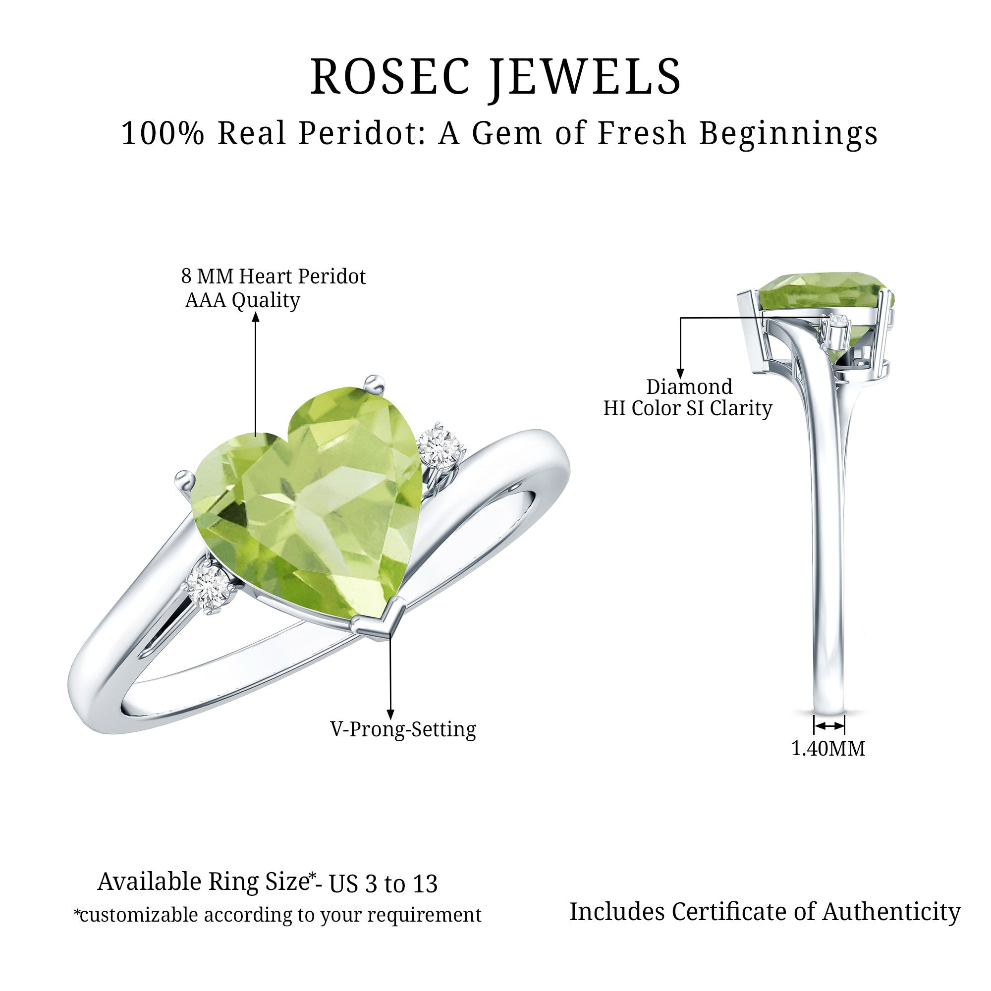 Real 2 Carat Peridot Heart Engagement Ring with Diamond AAA - Rosec Jewels
