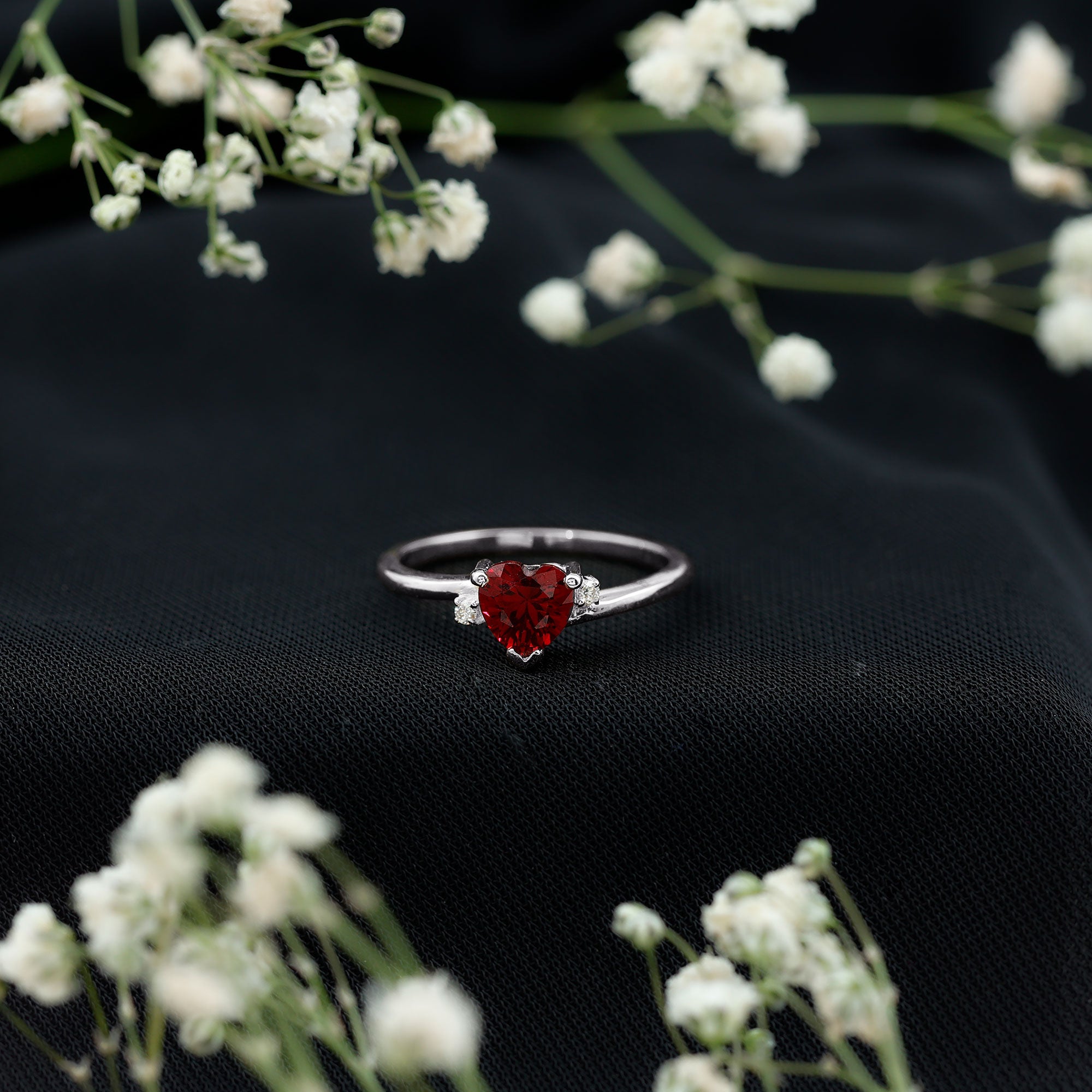 Rosec Jewels-Heart Shape Lab Grown Ruby Solitaire Promise Ring with Diamond