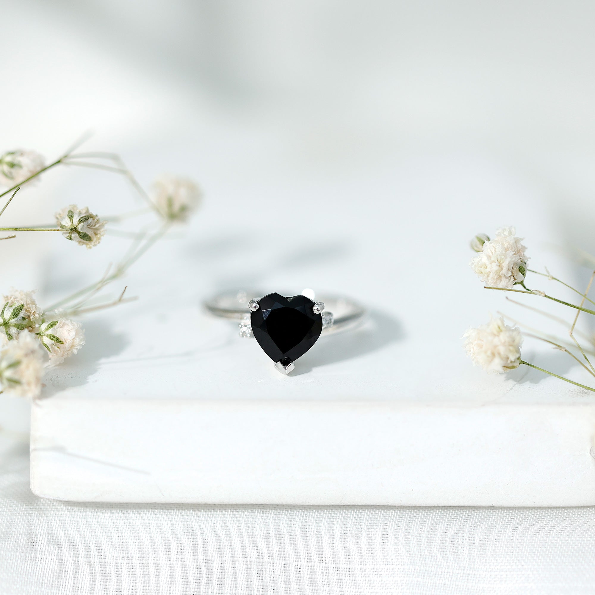 Rosec Jewels-Heart Shaped Black Onyx Engagement Ring with Diamonds