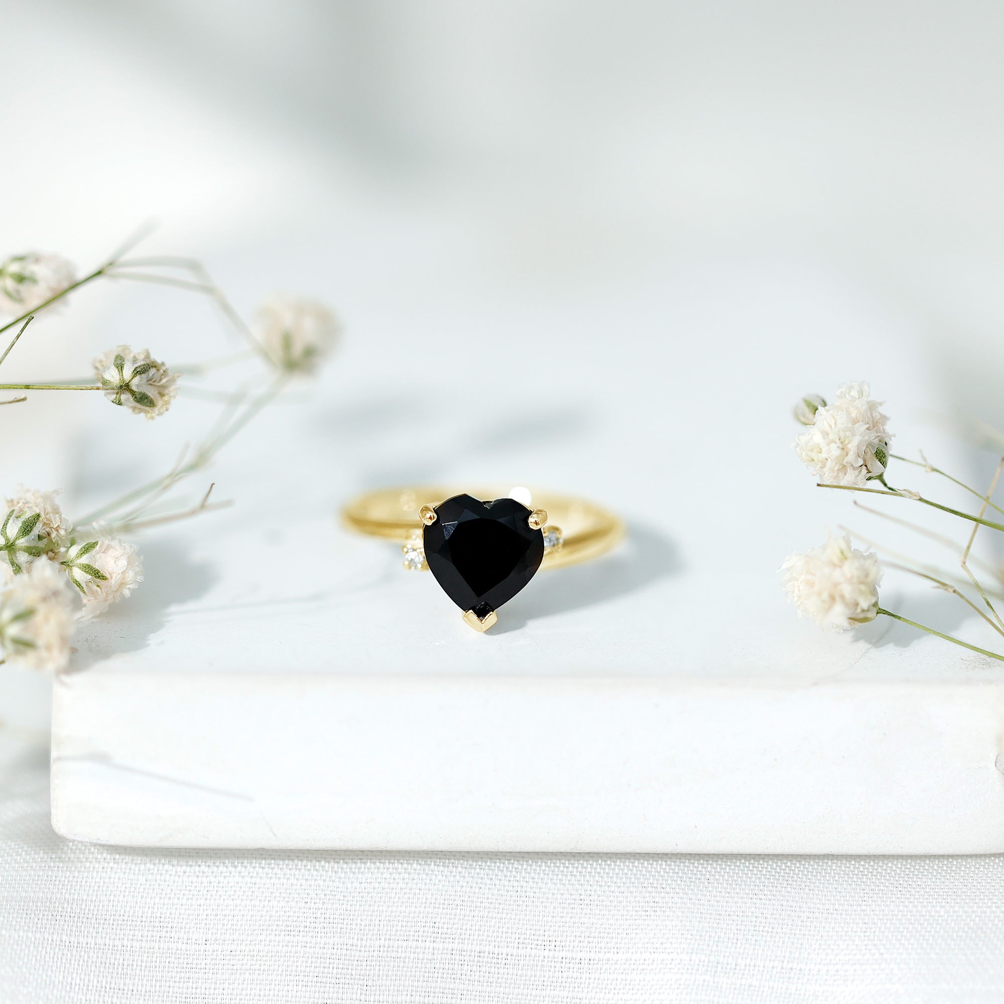 Rosec Jewels-Heart Shaped Black Onyx Engagement Ring with Diamonds