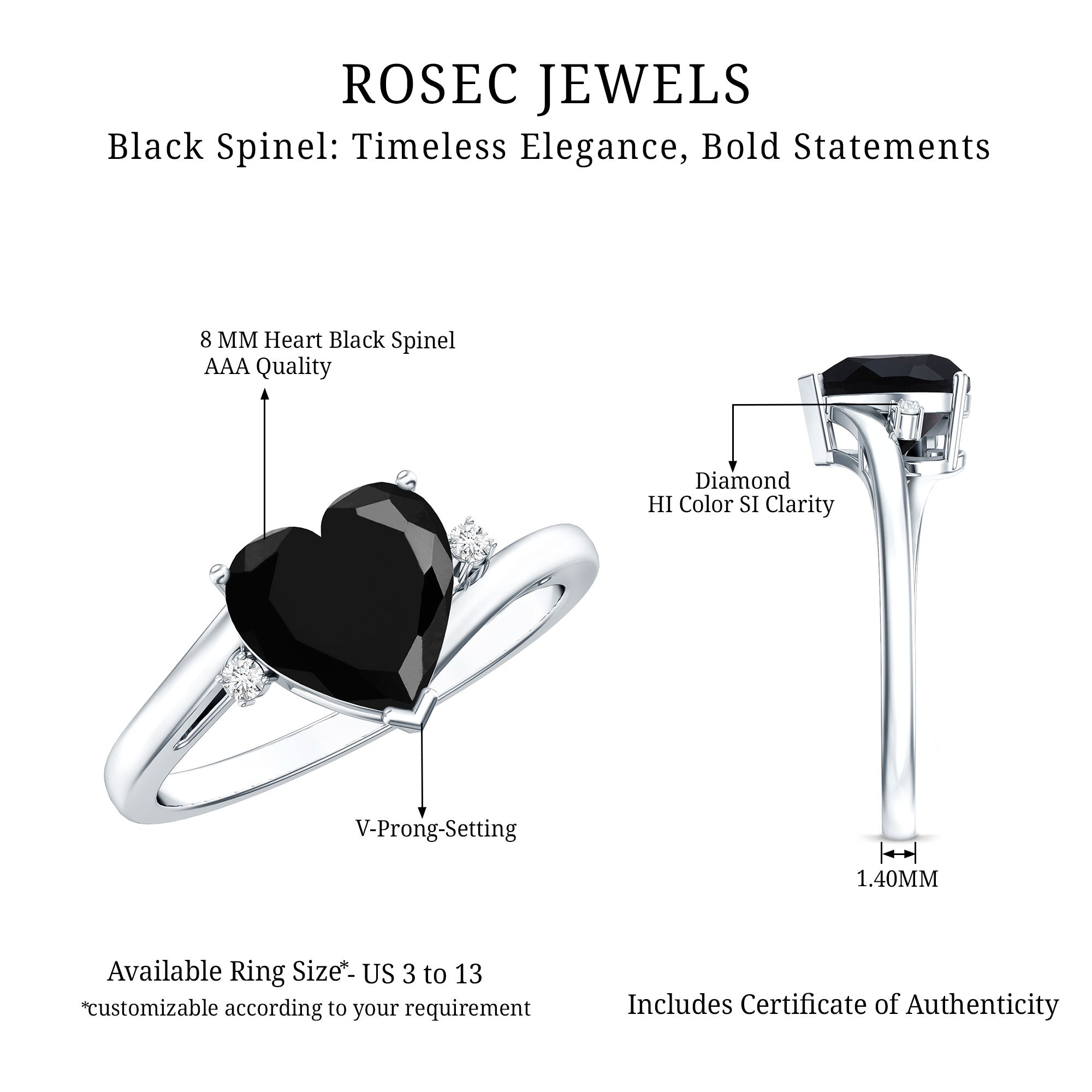 2 Carat Heart Shape Black Spinel Solitaire Engagement Ring AAA - Rosec Jewels