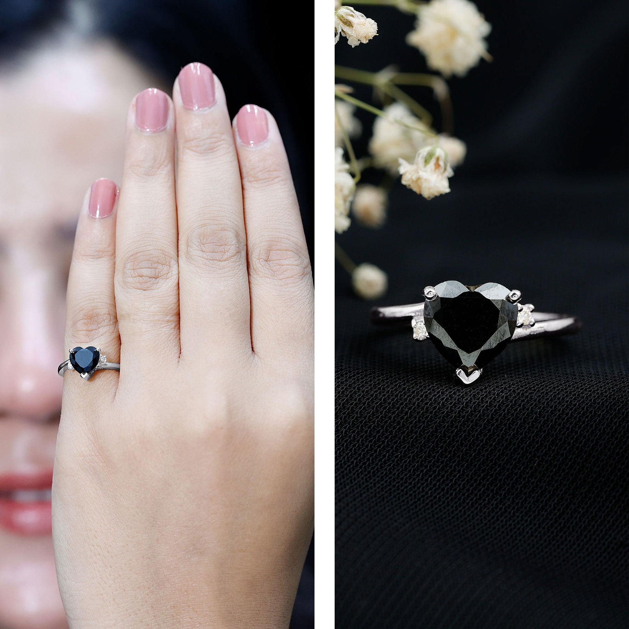 2 Carat Heart Shape Black Spinel Solitaire Engagement Ring AAA - Rosec Jewels