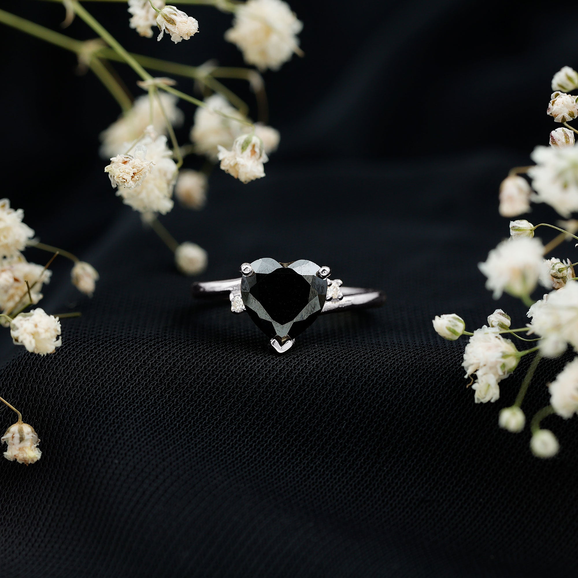 2 Carat Heart Shape Black Spinel Solitaire Engagement Ring AAA - Rosec Jewels