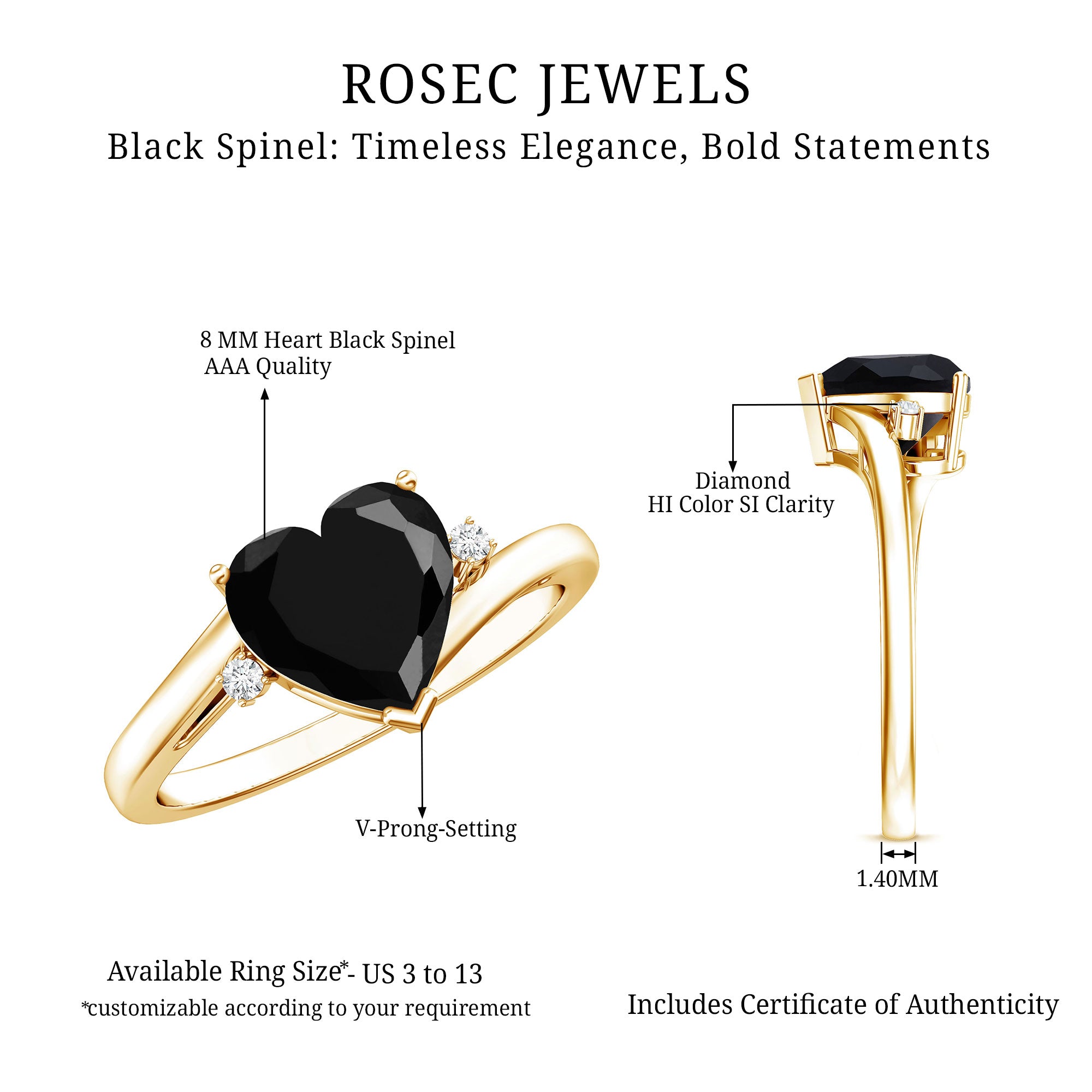 2 Carat Heart Shape Black Spinel Solitaire Engagement Ring AAA - Rosec Jewels