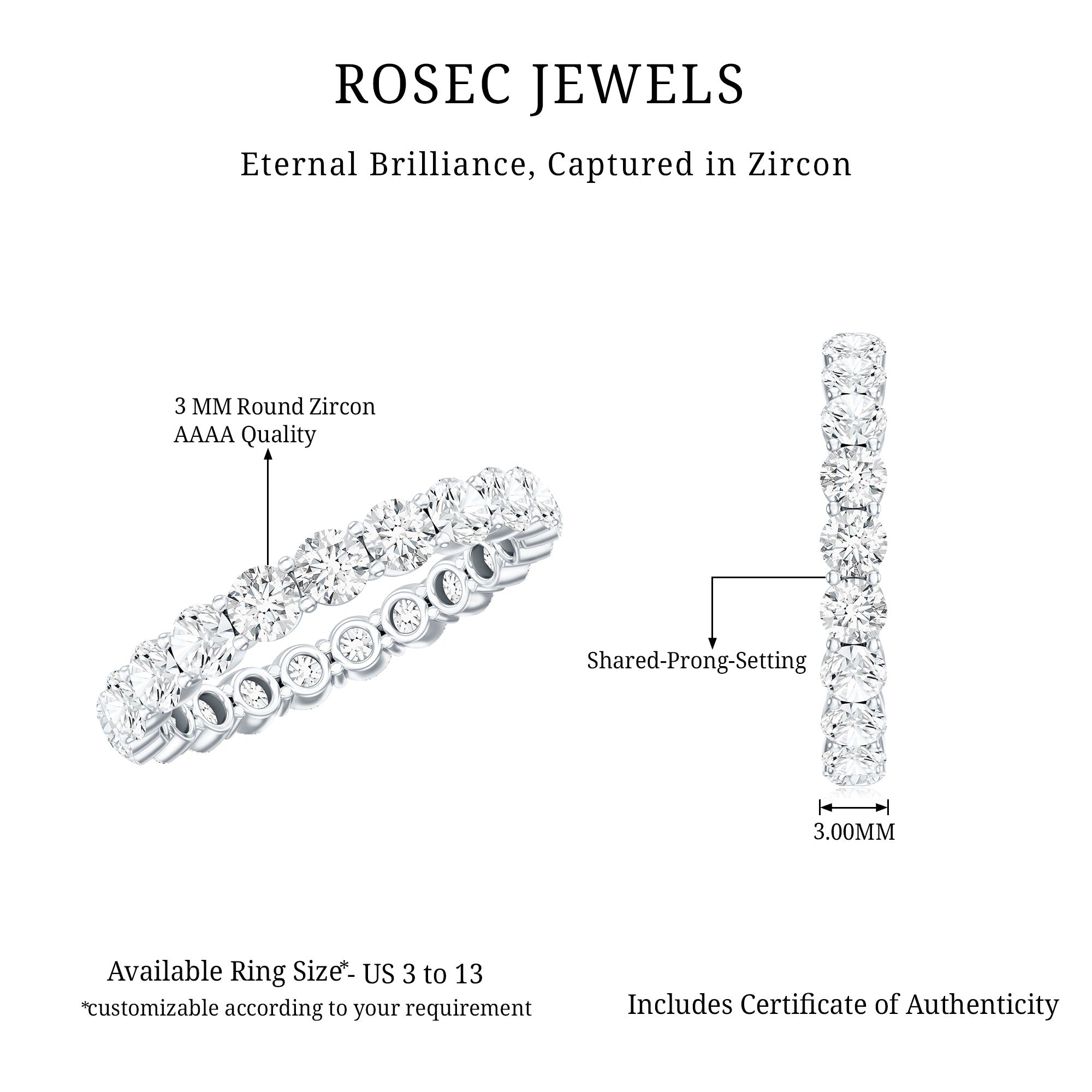 Round Cubic Zirconia Full Eternity Band Ring AAAA - Rosec Jewels