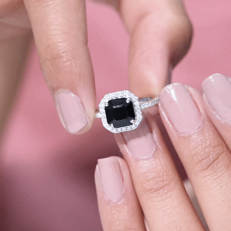 Certified Asscher Cut Black Onyx and Diamond Engagement Ring AAA - Rosec Jewels