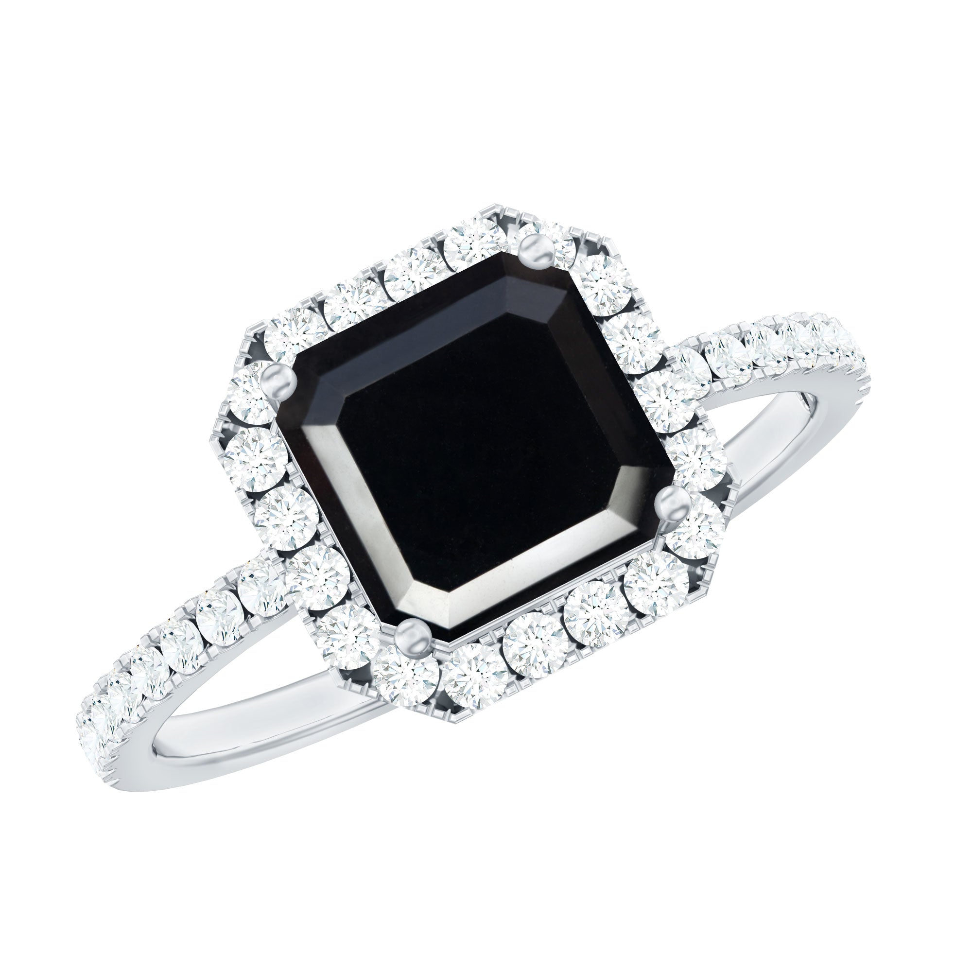 Certified Asscher Cut Black Onyx and Diamond Engagement Ring AAA - Rosec Jewels