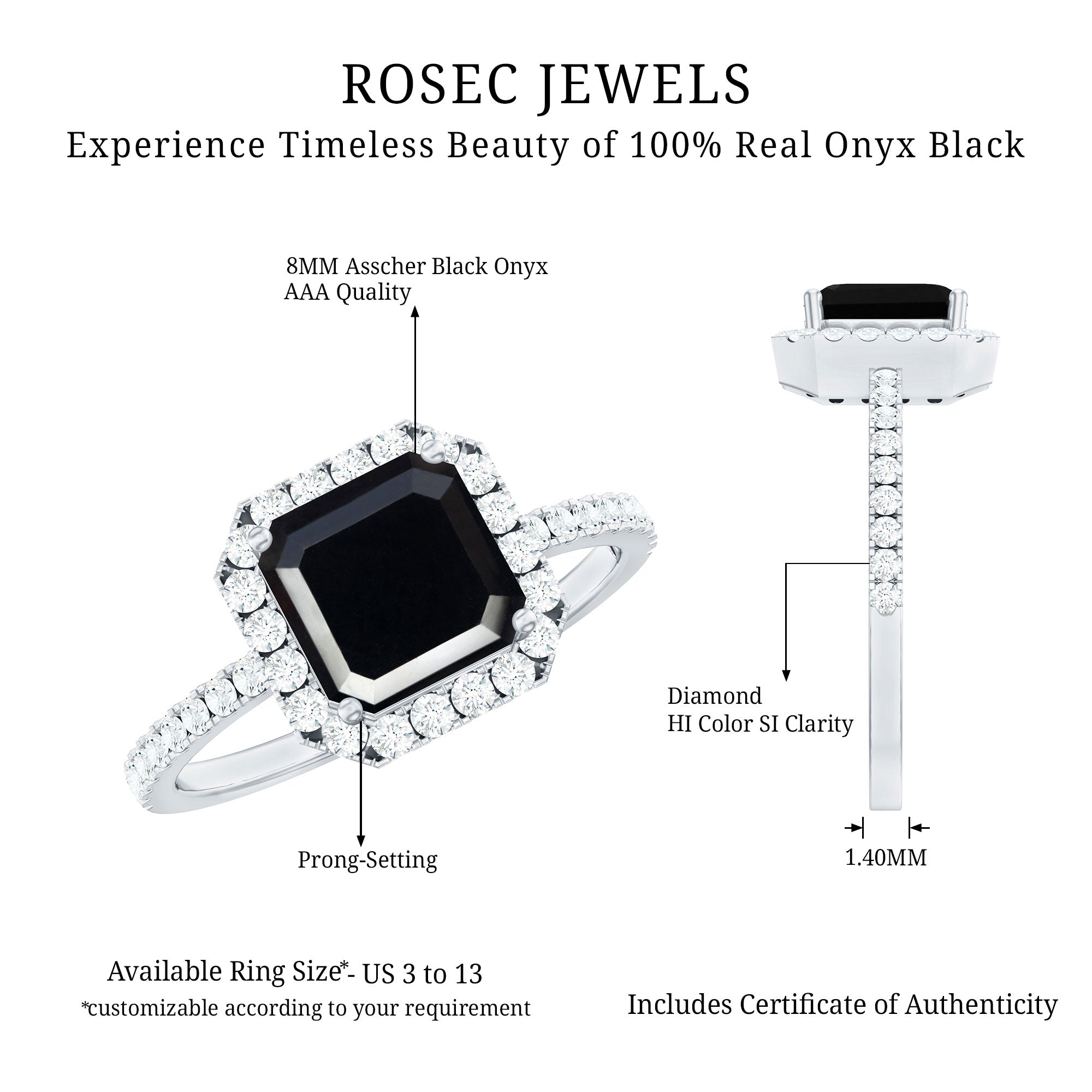 Certified Asscher Cut Black Onyx and Diamond Engagement Ring AAA - Rosec Jewels