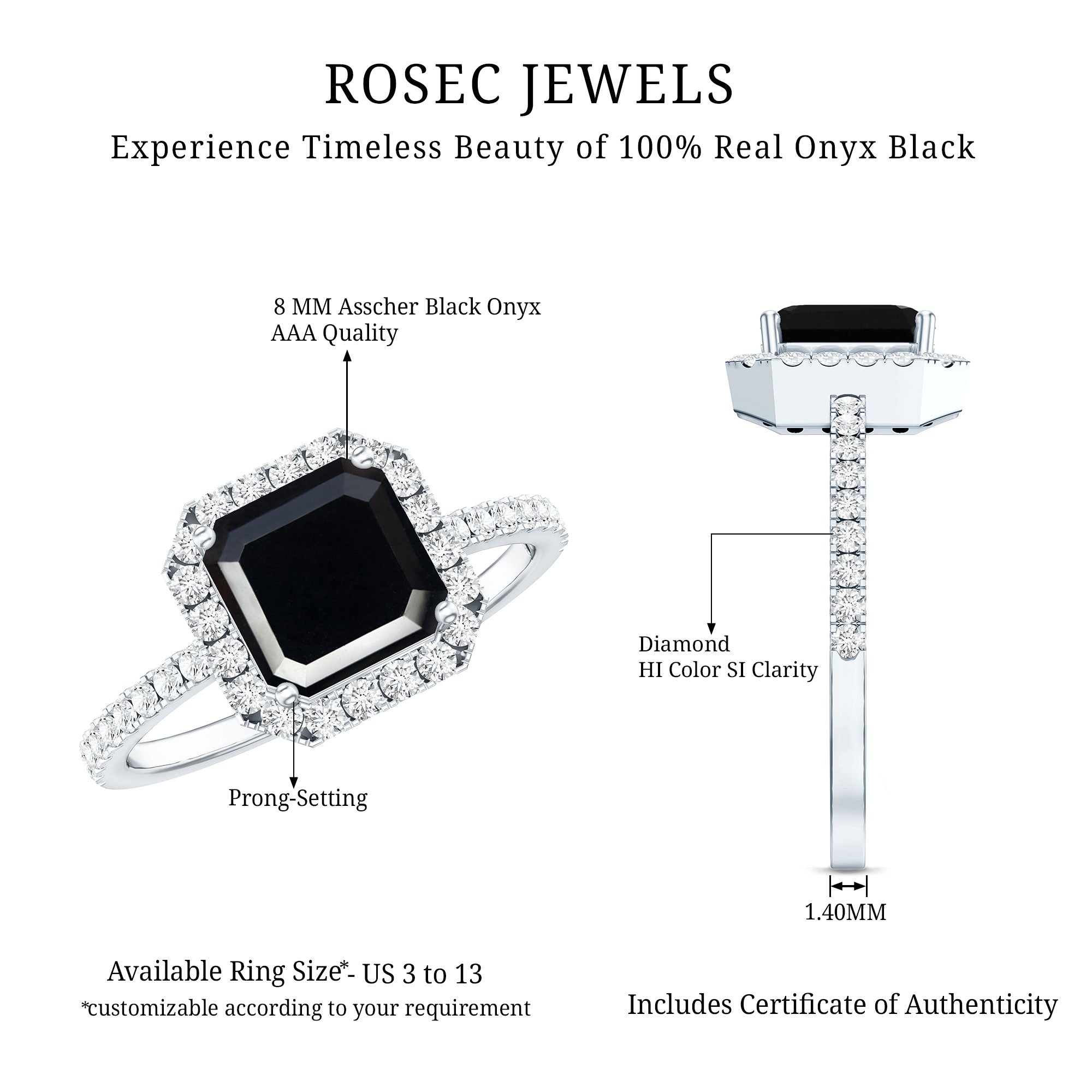 Certified Asscher Cut Black Onyx and Diamond Engagement Ring AAA - Rosec Jewels