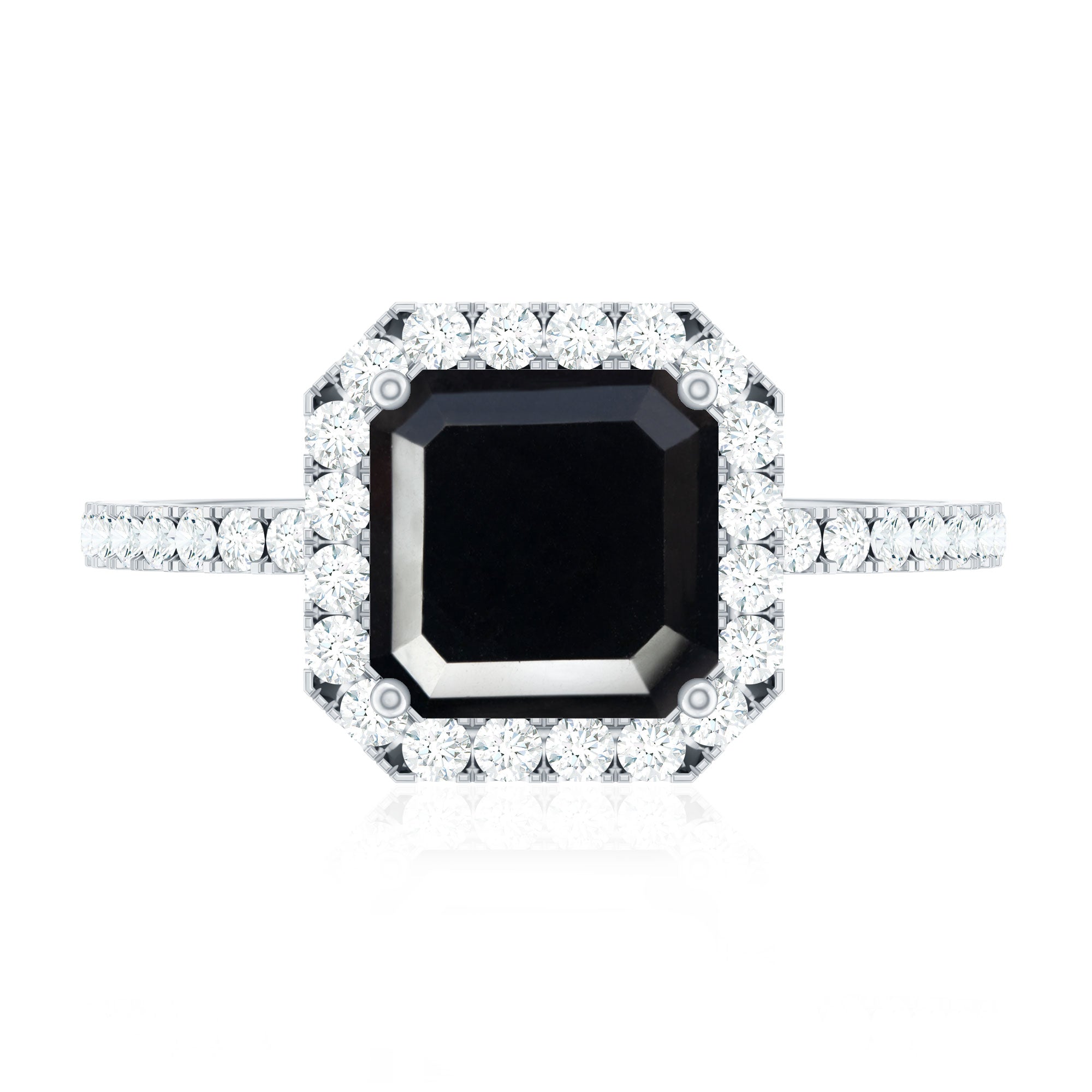 Certified Asscher Cut Black Onyx and Diamond Engagement Ring AAA - Rosec Jewels