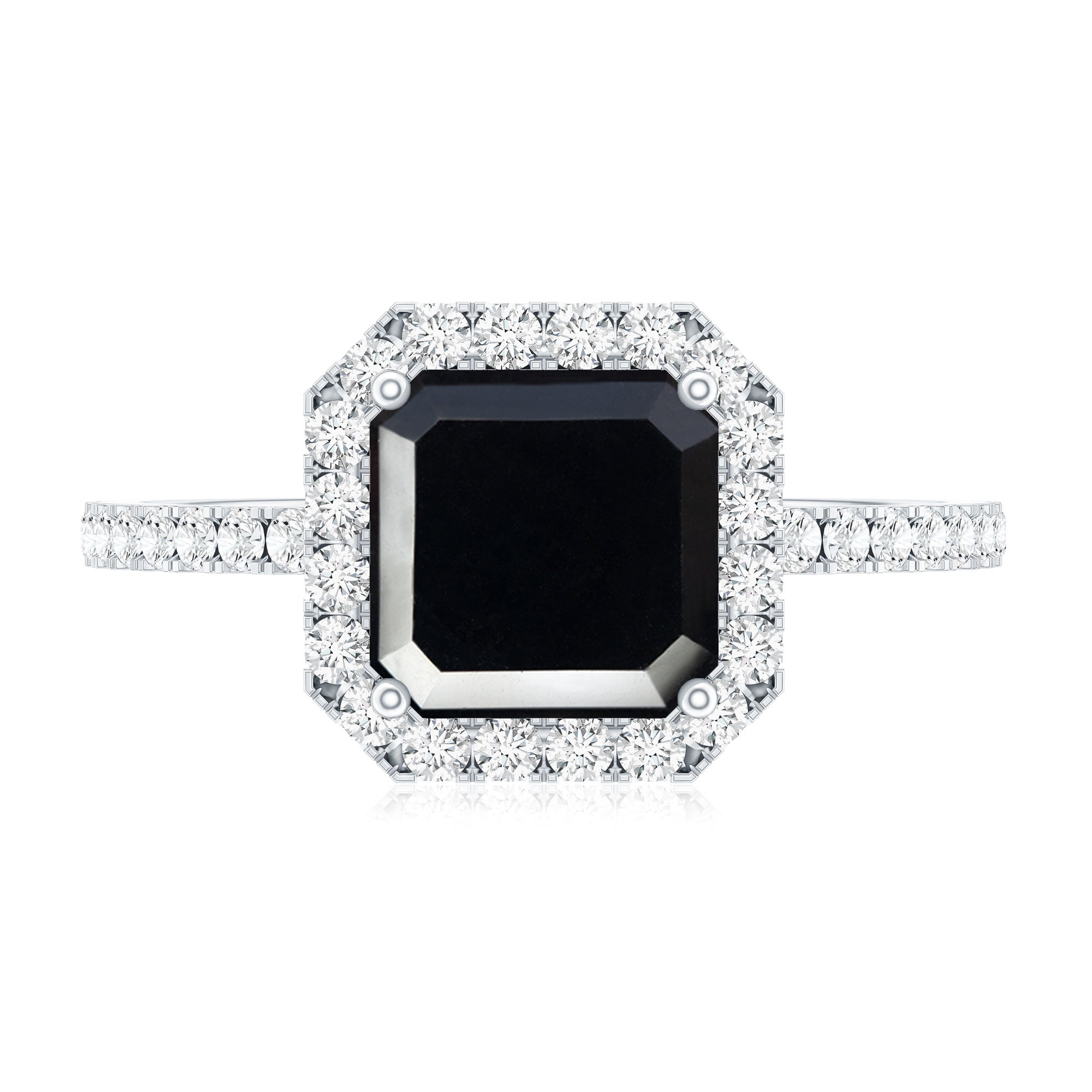 Certified Asscher Cut Black Onyx and Diamond Engagement Ring AAA - Rosec Jewels