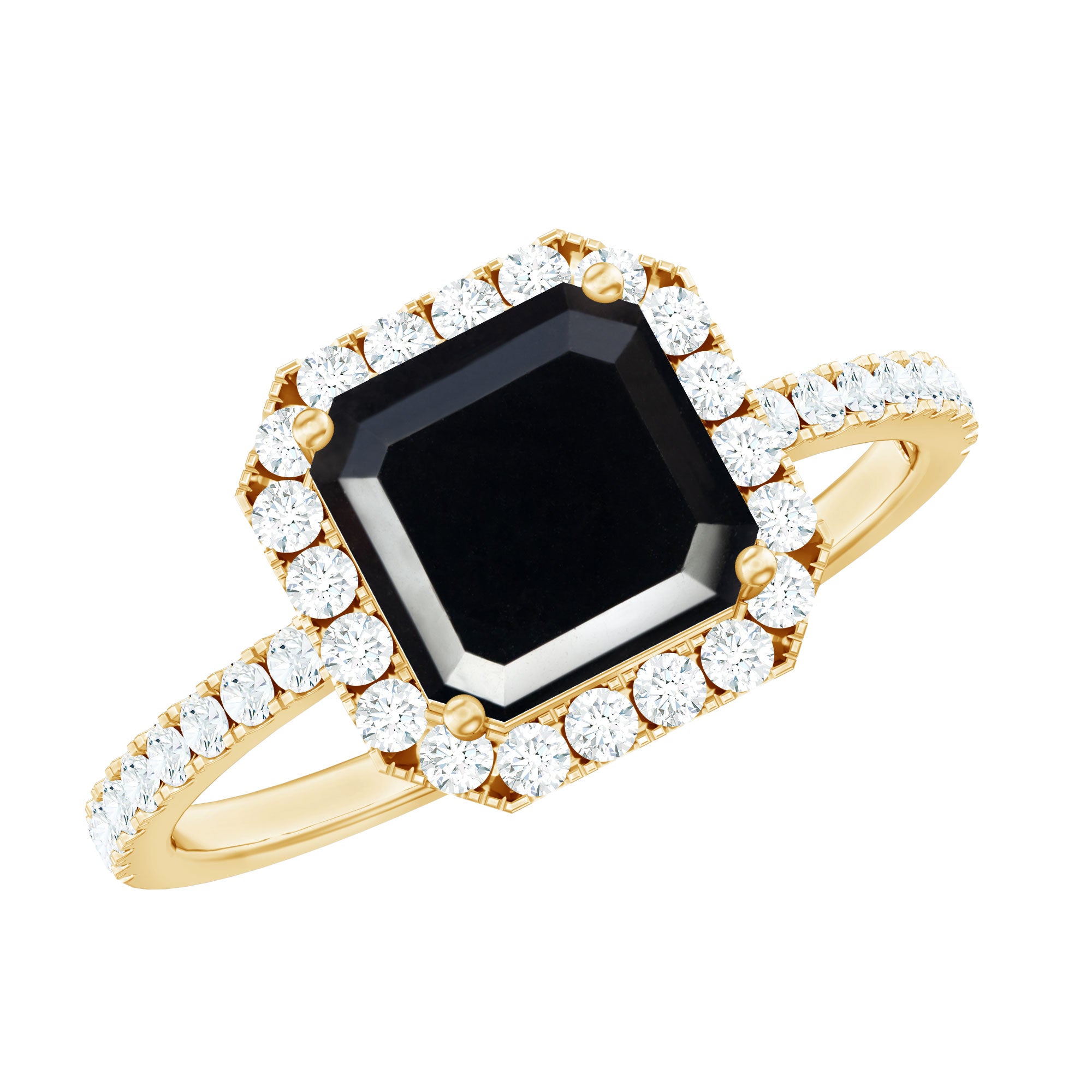 Certified Asscher Cut Black Onyx and Diamond Engagement Ring AAA - Rosec Jewels