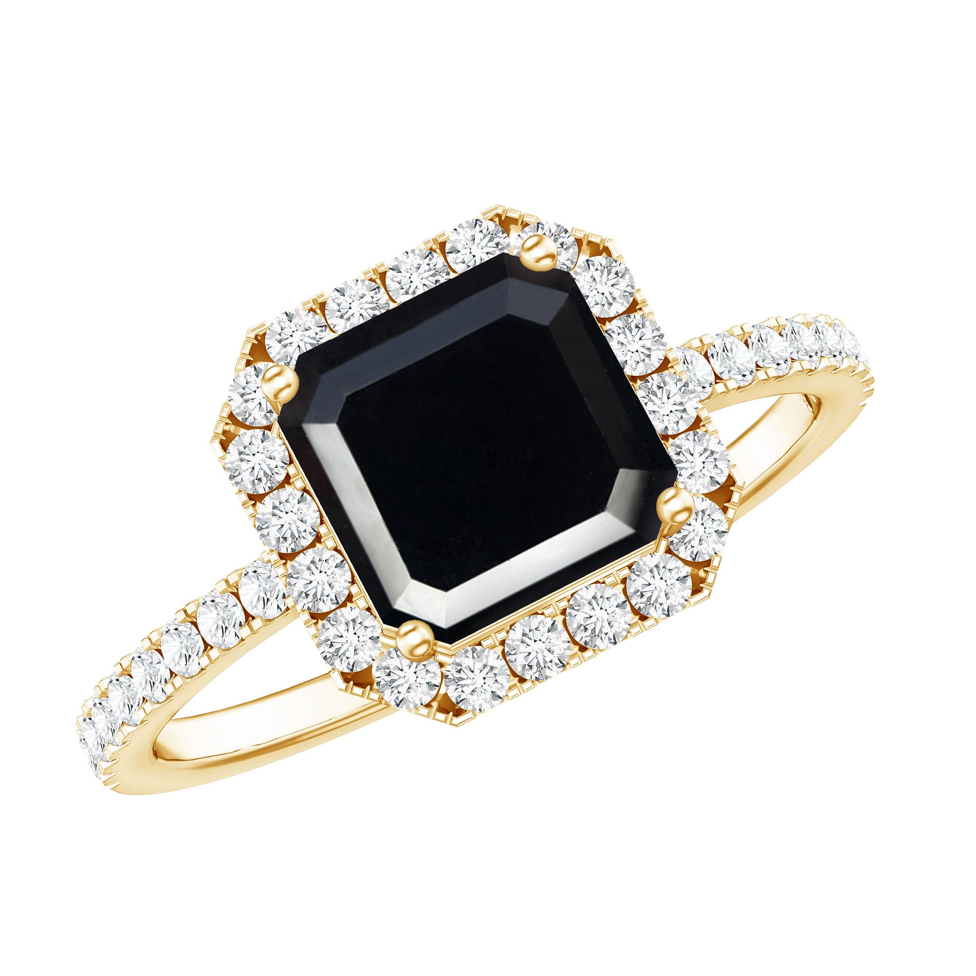 Certified Asscher Cut Black Onyx and Diamond Engagement Ring AAA - Rosec Jewels