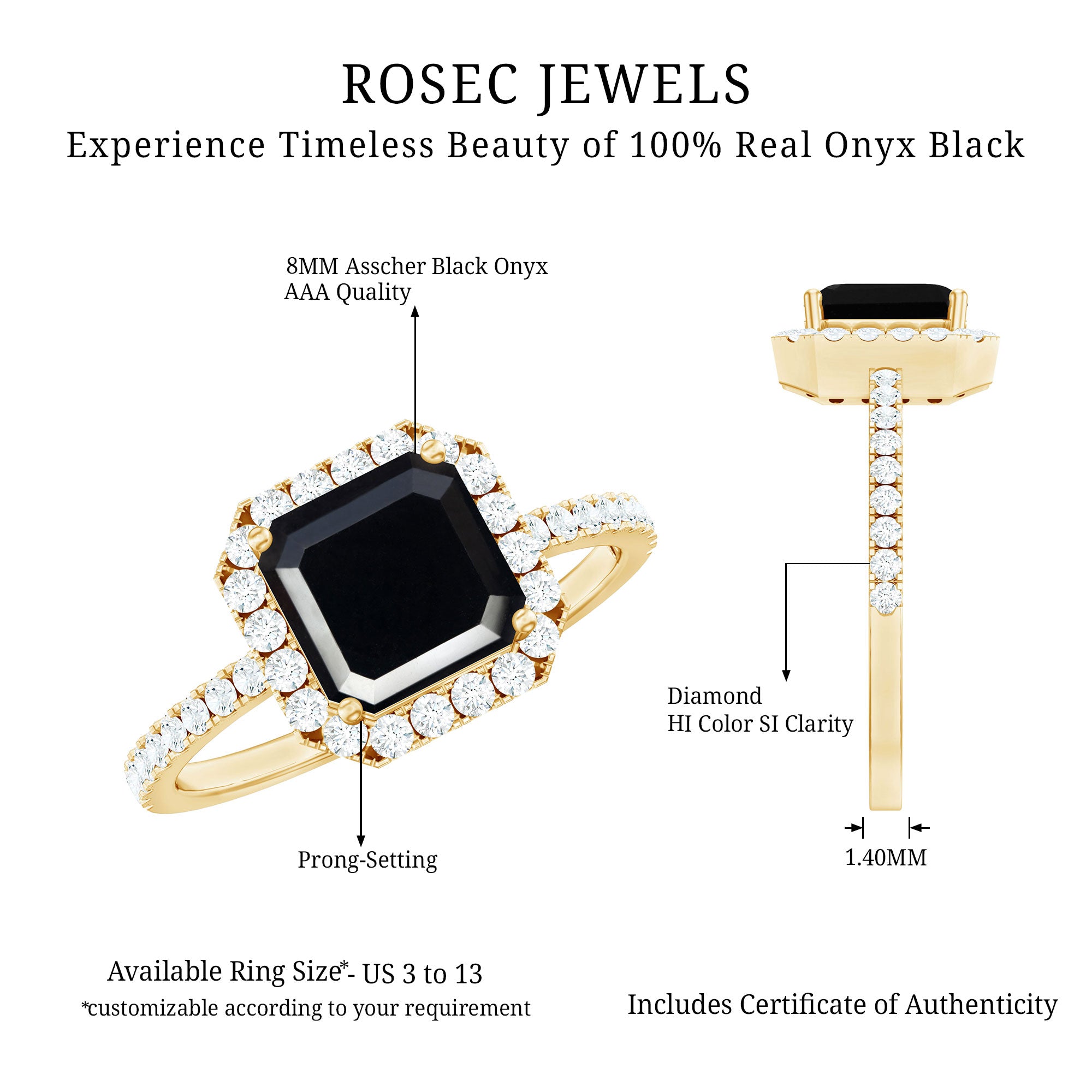 Certified Asscher Cut Black Onyx and Diamond Engagement Ring AAA - Rosec Jewels