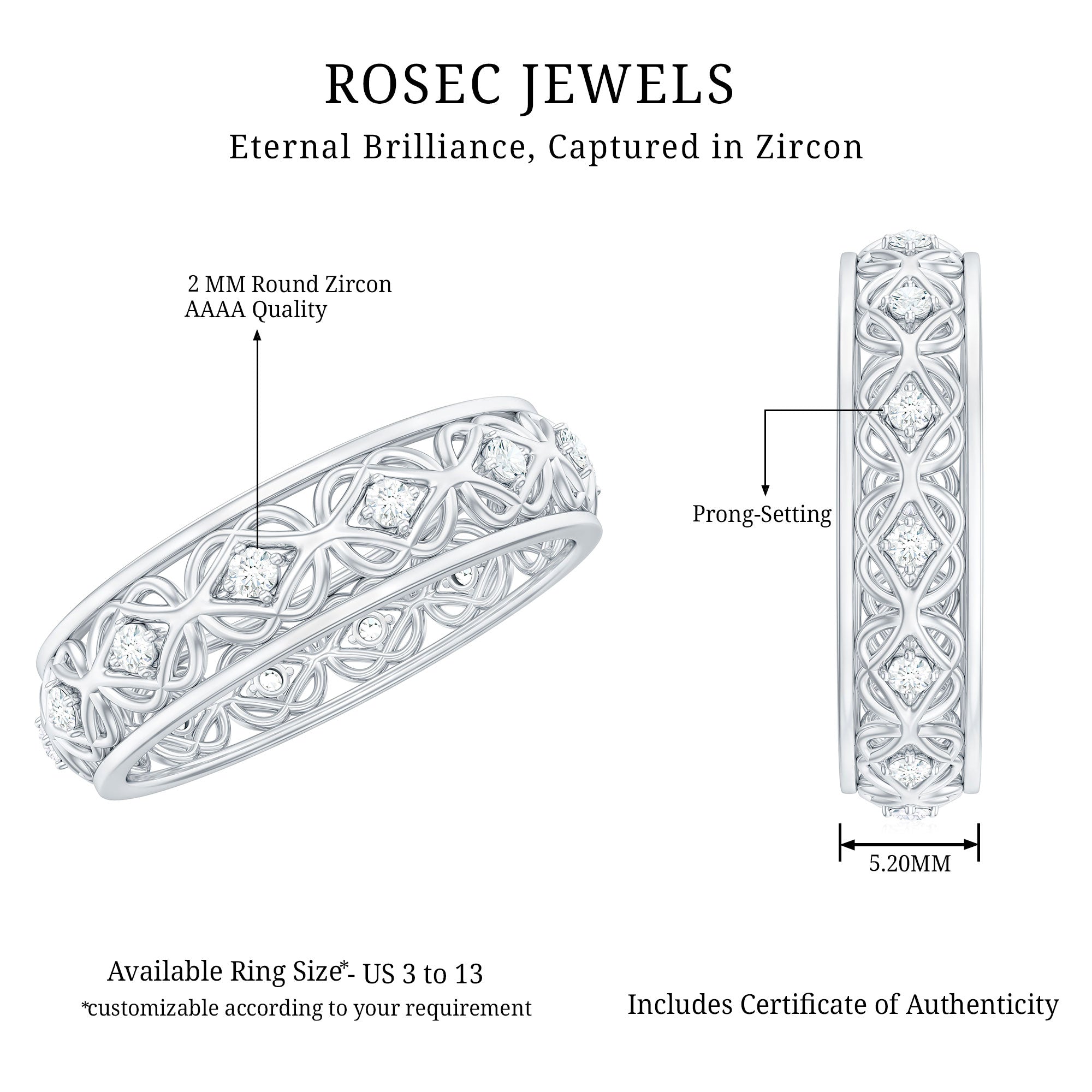 Vintage Inspired Zircon Celtic Knot Full Eternity Band Ring in Gold AAAA - Rosec Jewels