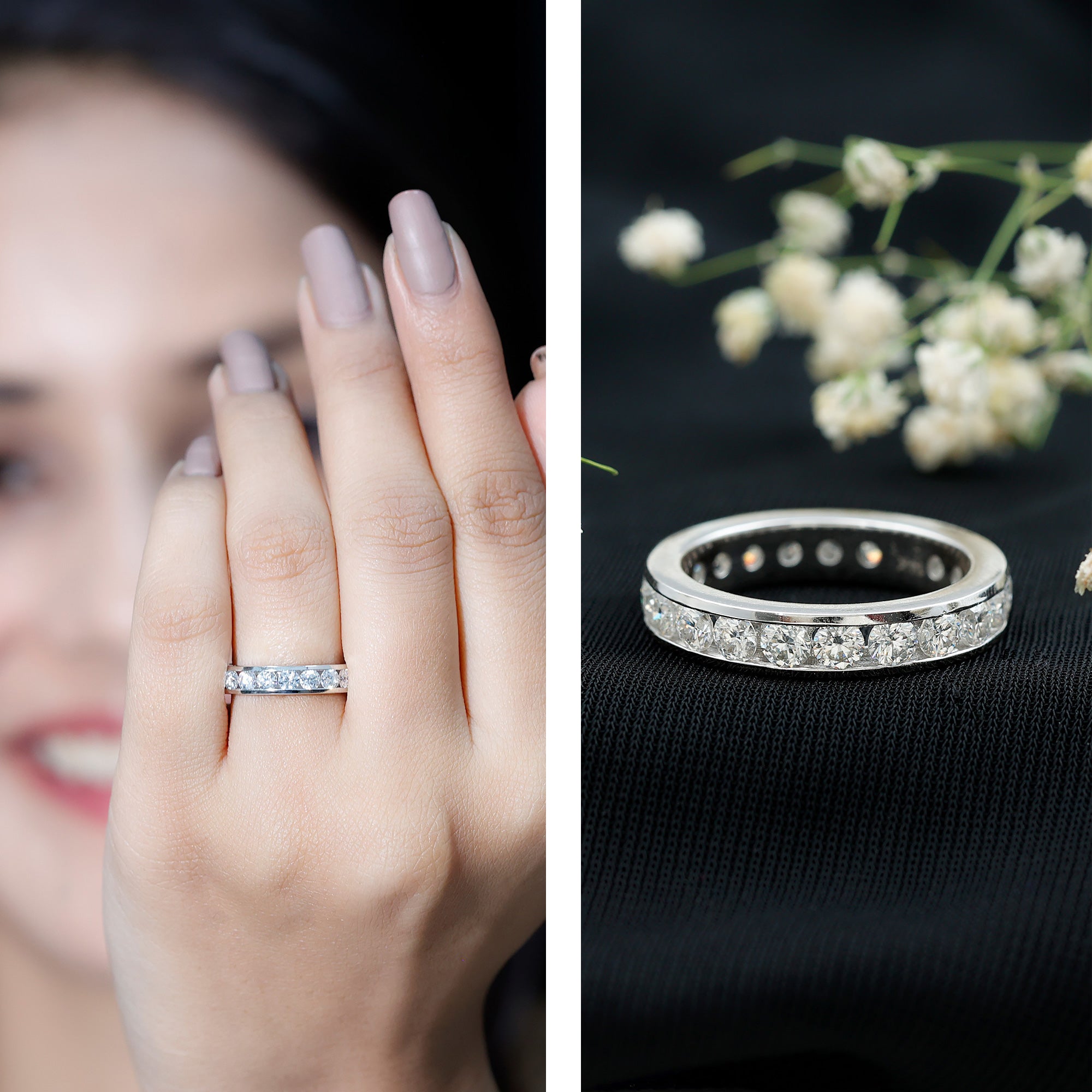 Channel Set Round Moissanite Full Eternity Band Ring D-VS1 - Rosec Jewels