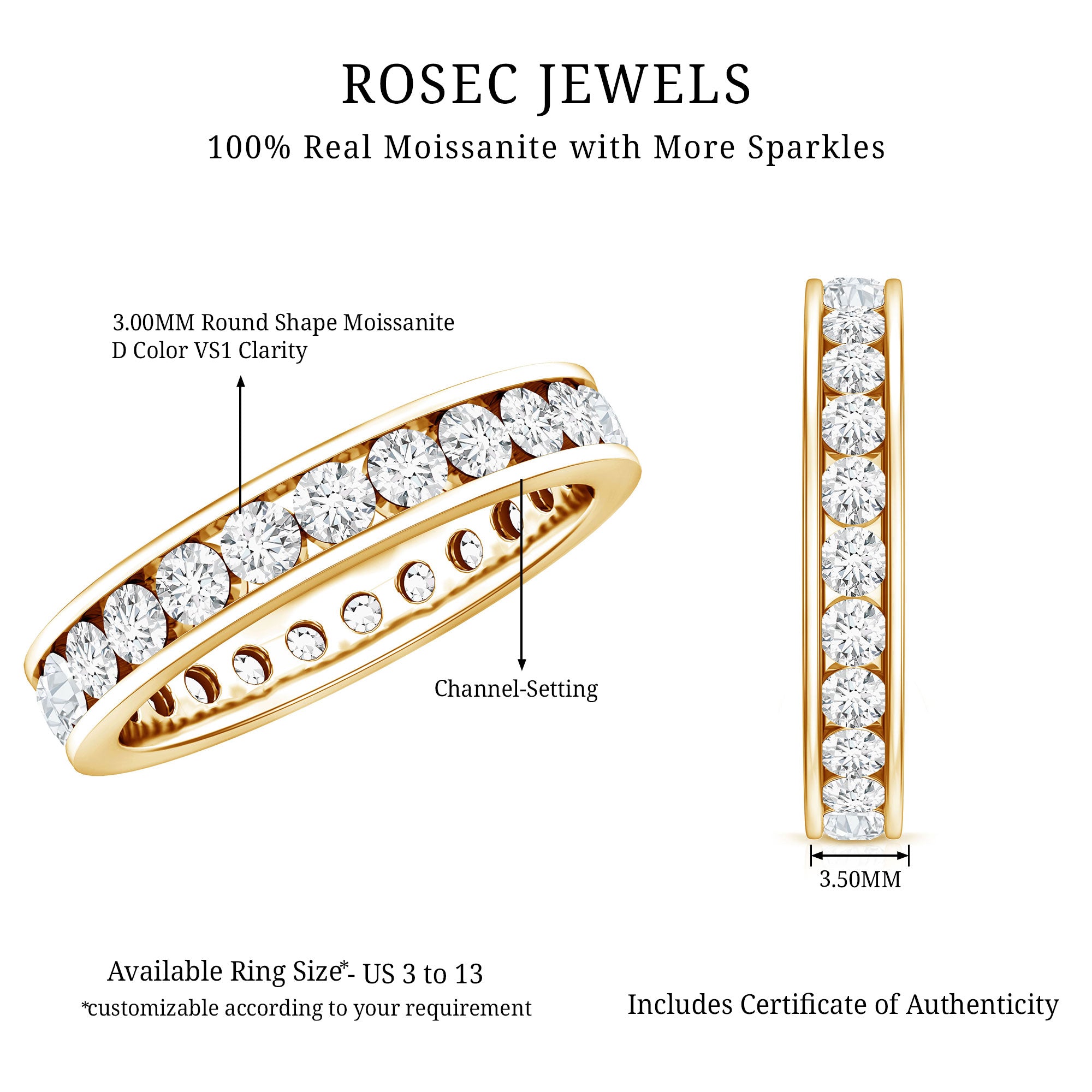 Channel Set Round Moissanite Full Eternity Band Ring D-VS1 - Rosec Jewels