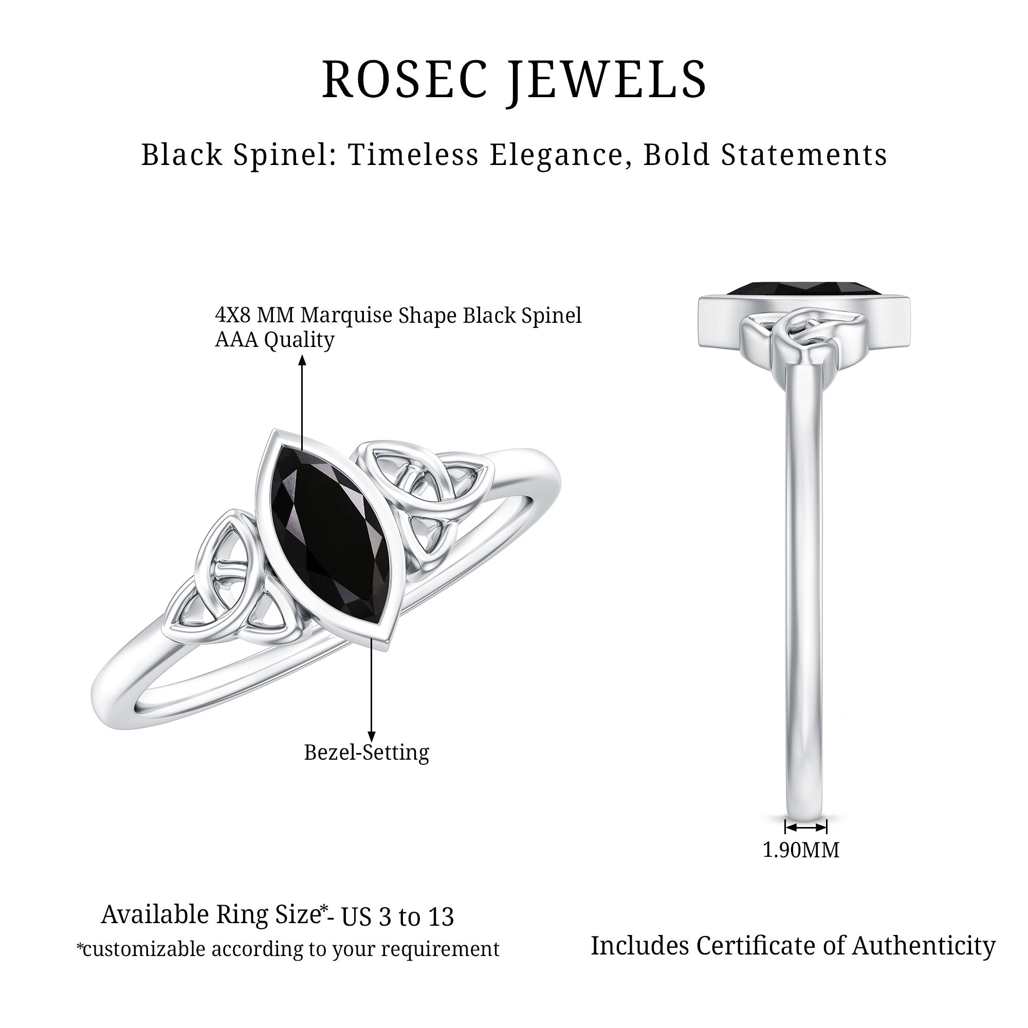 Marquise Shape Black Spinel Solitaire Promise Ring AAA - Rosec Jewels