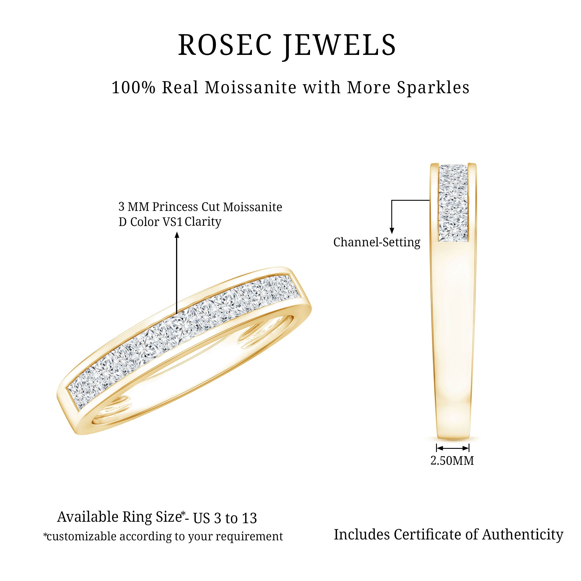Princess Cut Moissanite Half Eternity Band in Channel Setting D-VS1 - Rosec Jewels