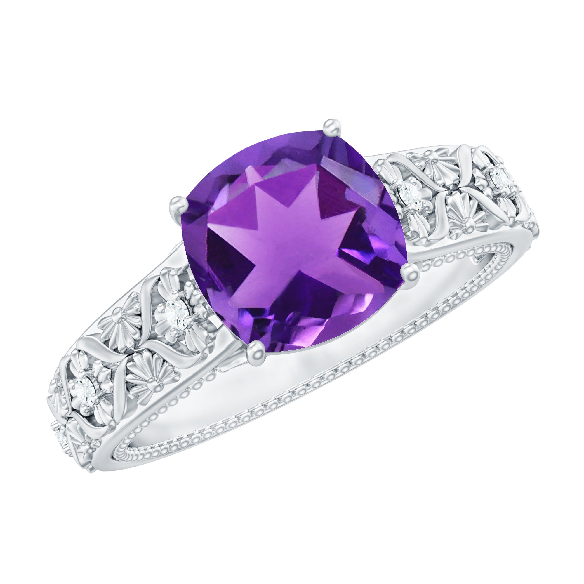 Bague de fiançailles florale améthyste solitaire taille coussin avec diamant