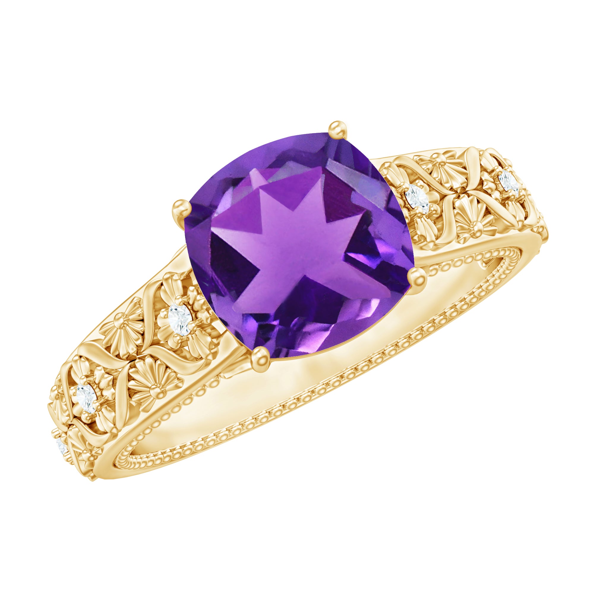 Vintage Inspired 2 Carat Amethyst Cushion Cut Engagement Ring with Diamond AAA - Rosec Jewels