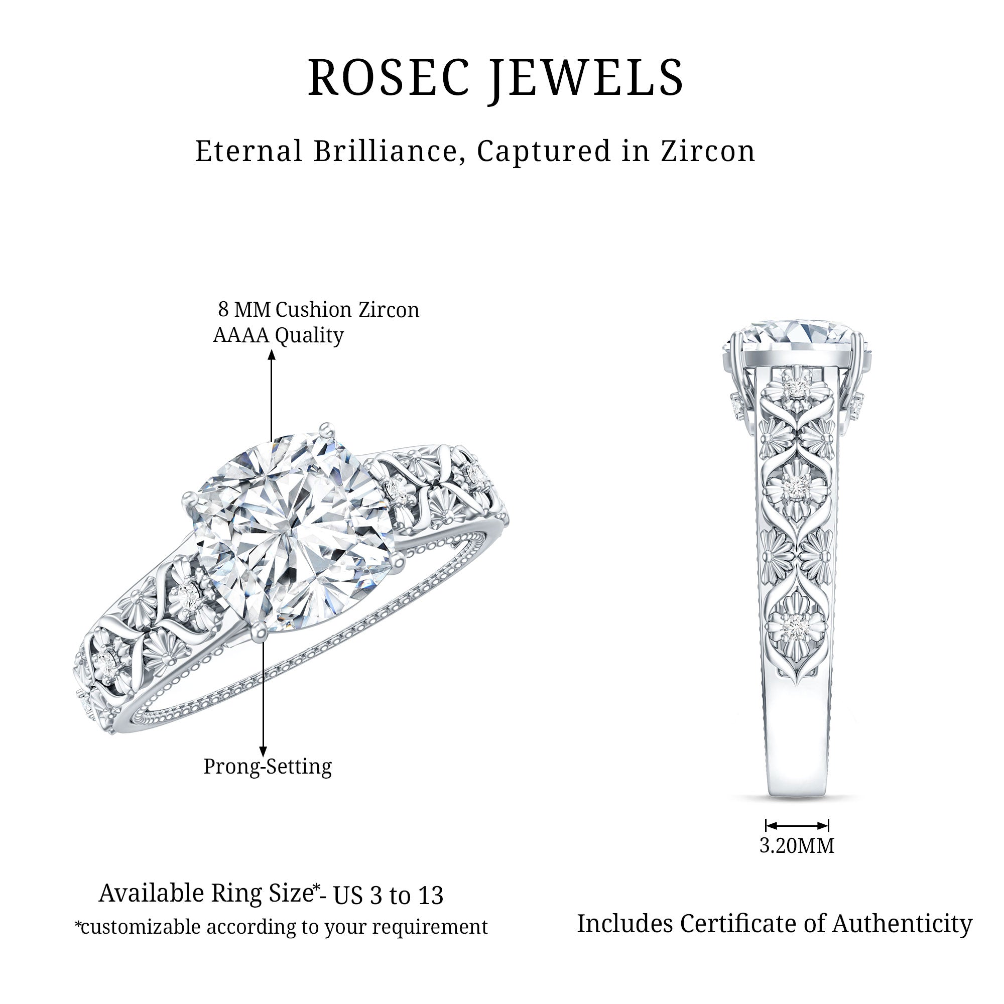 Cushion Cut Solitaire Zircon Gold Floral Engagement Ring AAAA - Rosec Jewels