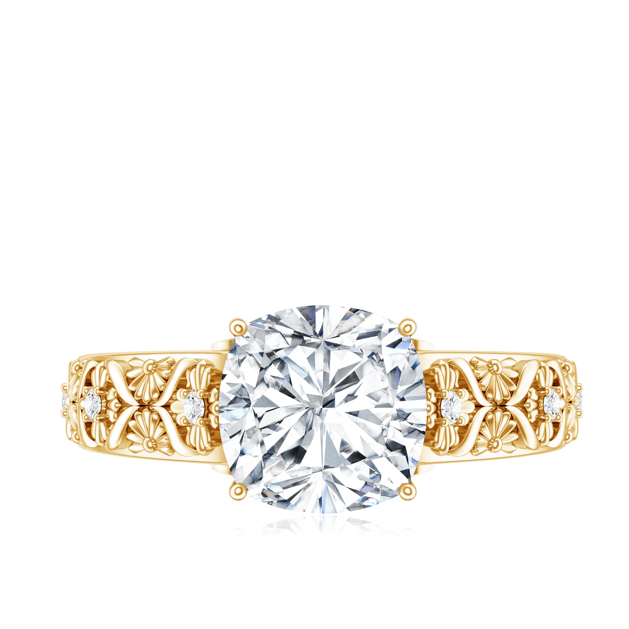 Cushion Cut Solitaire Zircon Gold Floral Engagement Ring AAAA - Rosec Jewels