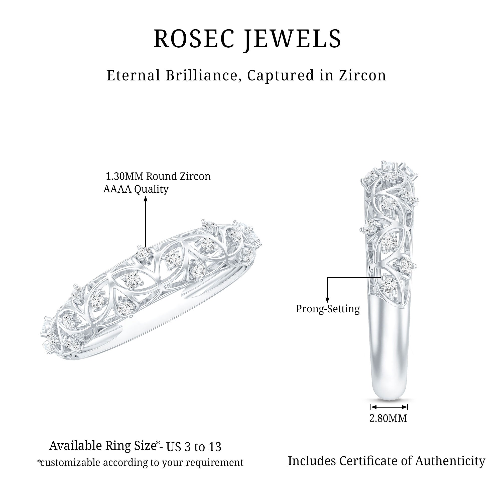 Round Zircon Semi Eternity Band with Filigree Details AAAA - Rosec Jewels