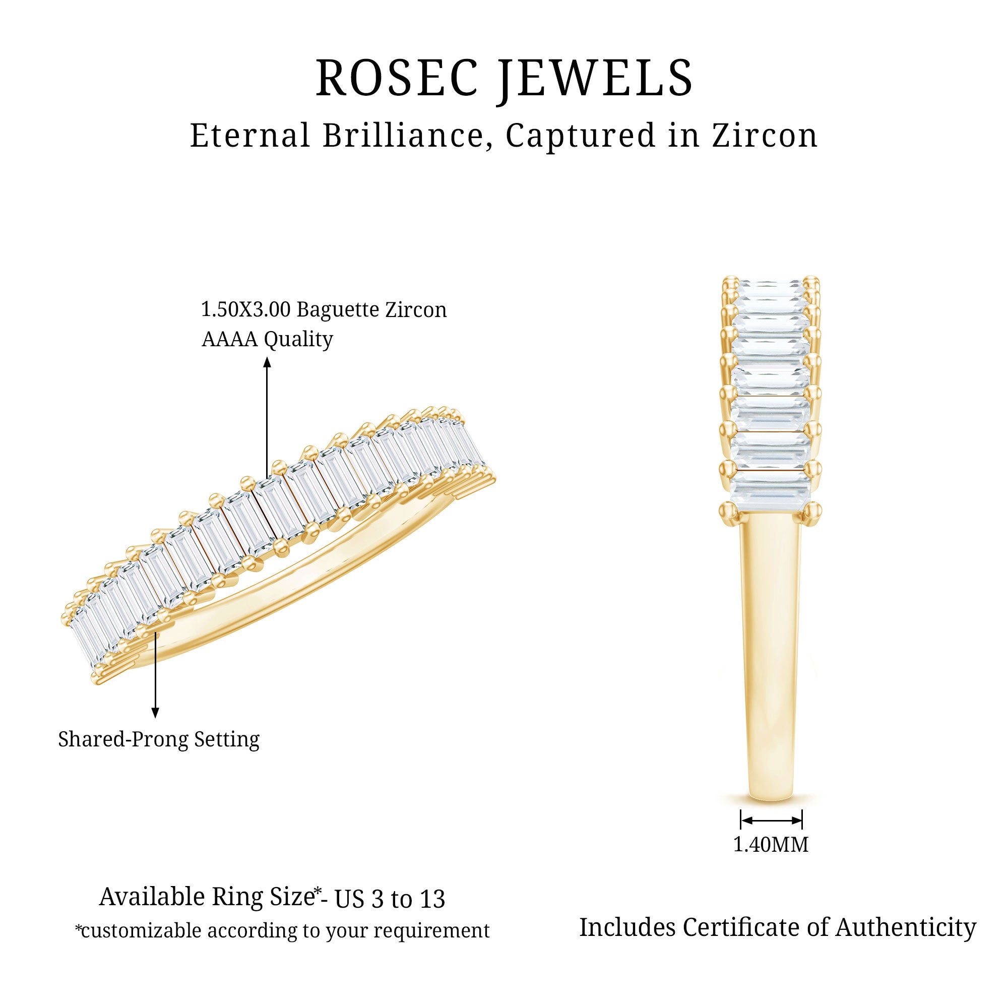 Minimal Baguette Cut Cubic Zirconia Half Eternity Ring AAAA - Rosec Jewels